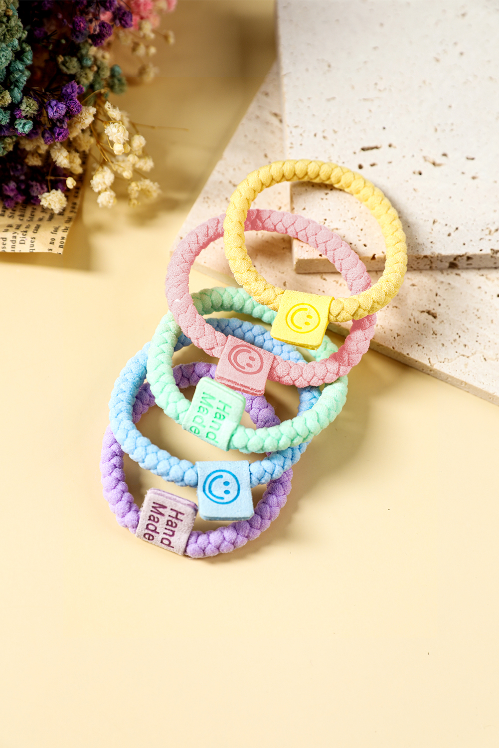 Pink 5Pcs Smile Face Tab Braided Hair Tie Set - loveforevers