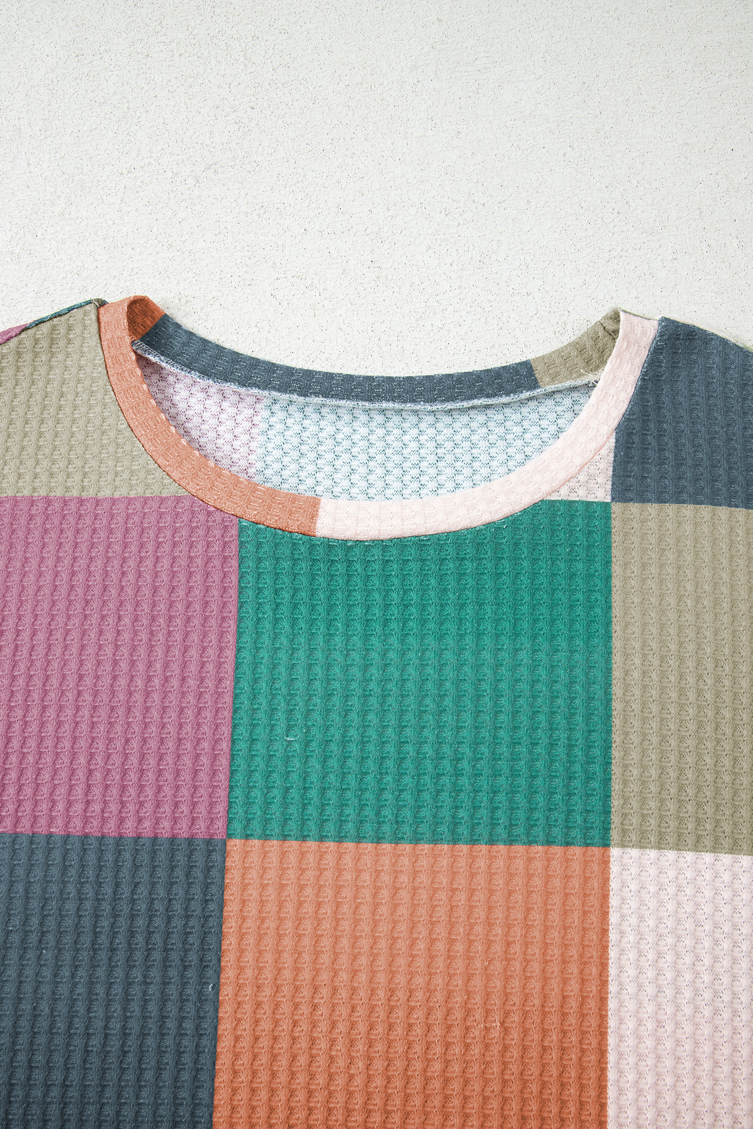 Green Checkered Print Textured Knit Long Sleeve Loose Top - loveforevers