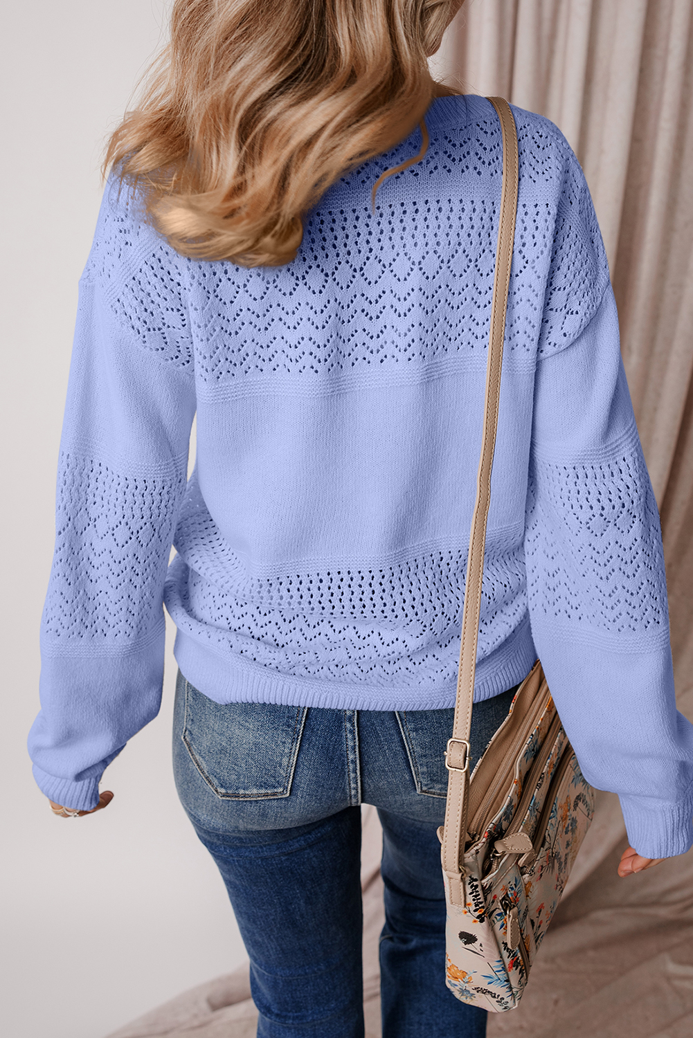 Sky Blue Eyelet Pattern Detail V Neck Drop Shoulder Sweater - loveforevers