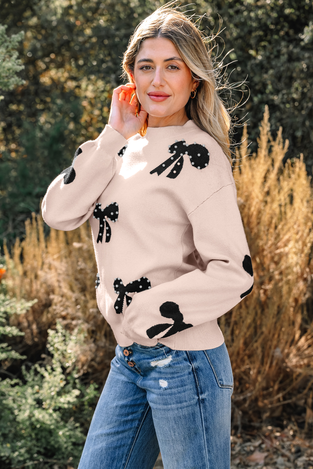 Bright Pink Pearl Embellished Bow Pattern Loose Sweater - loveforevers