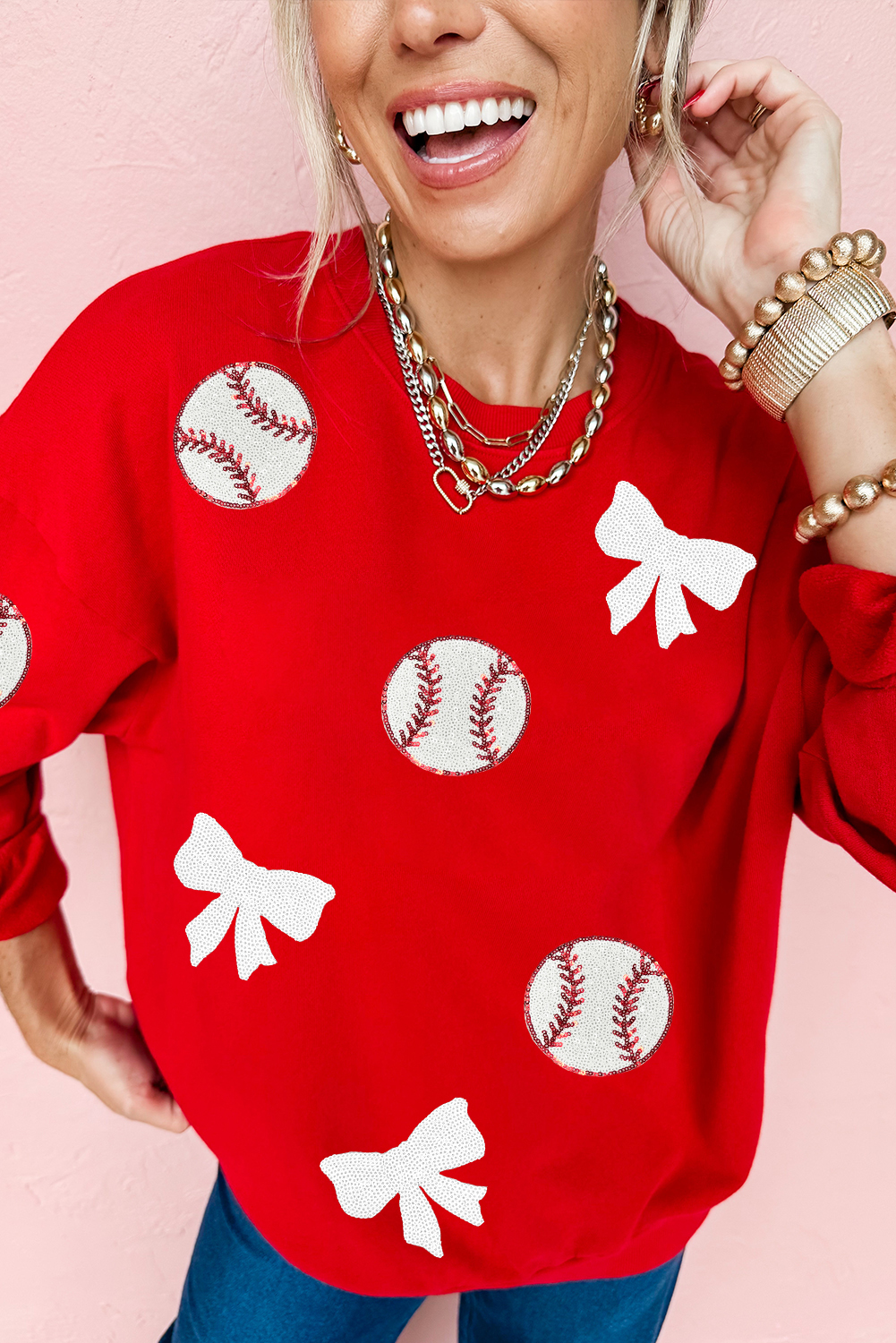 Red Sequin Baseball Bow Patched Pattern Game Day Pullover Sweatshirt - loveforevers