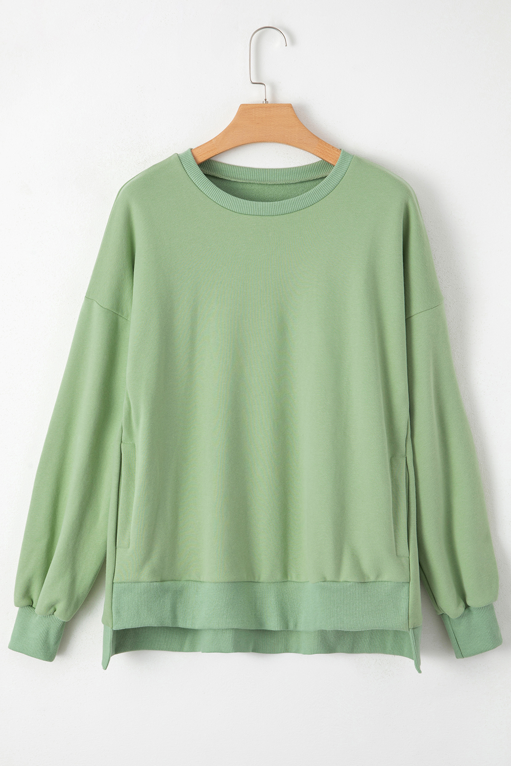 Grass Green Solid Fleece Lined Drop Shoulder High Low Sweatshirt - loveforevers