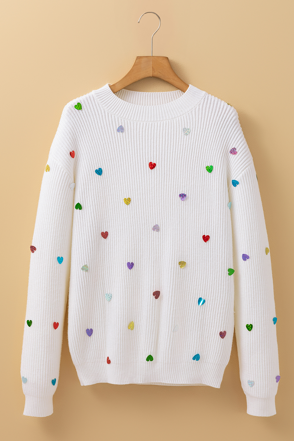 Beige Sequin Heart Shape Waffle Knit Round Neck Sweater - loveforevers