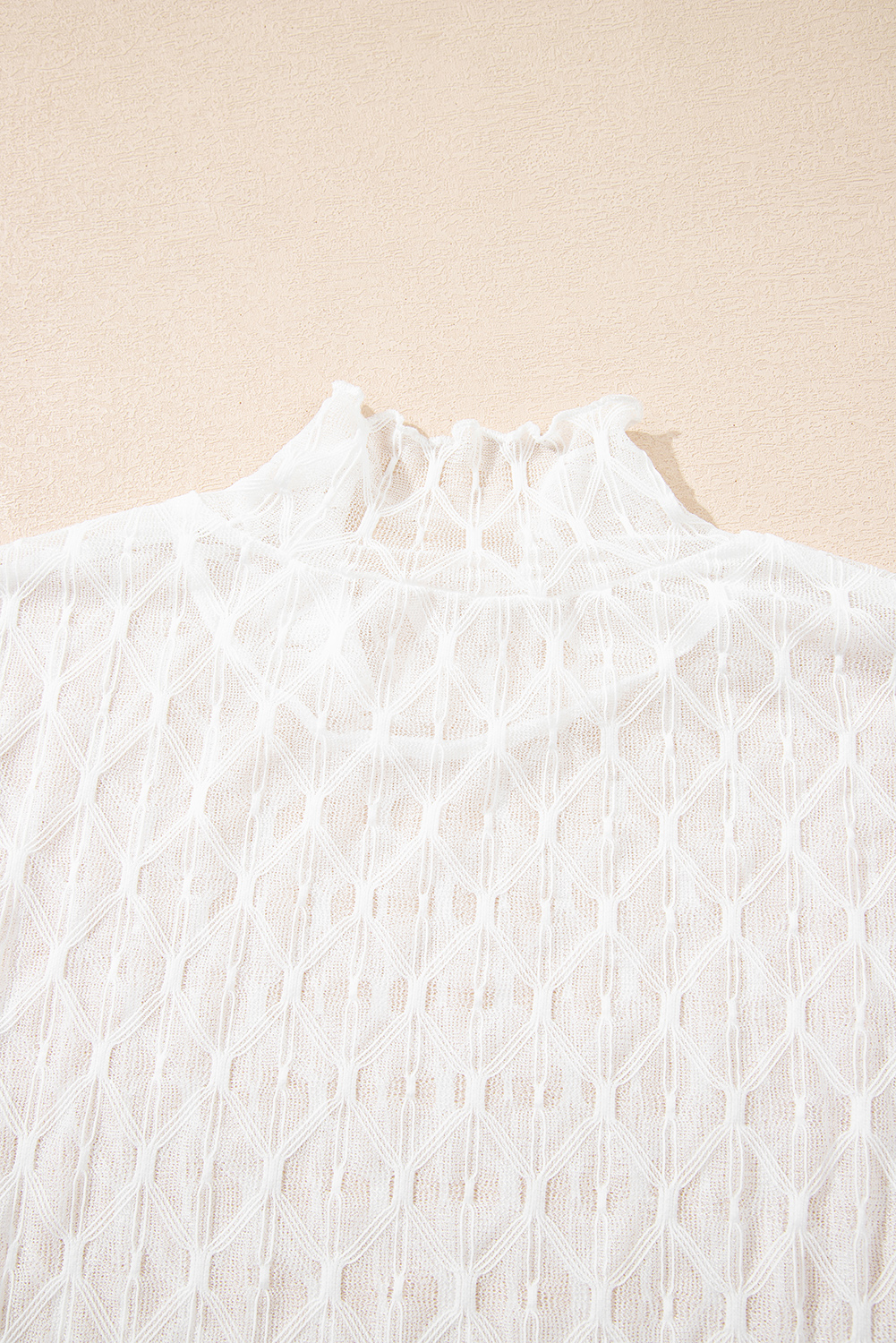 Coffee Sheer Mesh Patterned Lettuce Trim Slim Long Sleeve Top - loveforevers