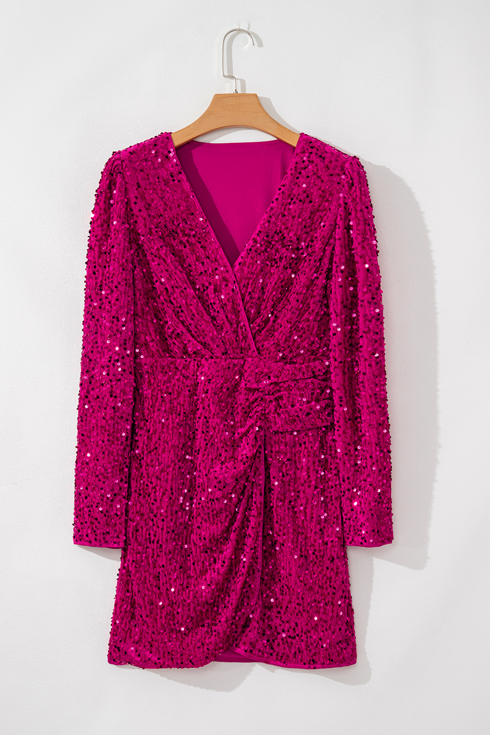 Pitaya Pink Velvet Sequin Long Sleeve V Neck Wrapped Mini Dress - loveforevers