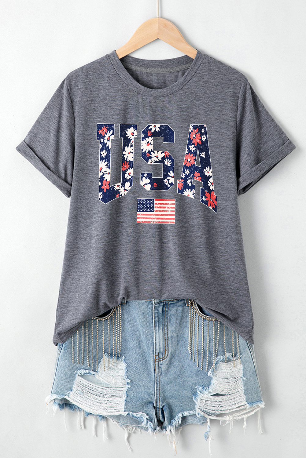Gray Blooming USA Flag Print Casual T Shirt - loveforevers