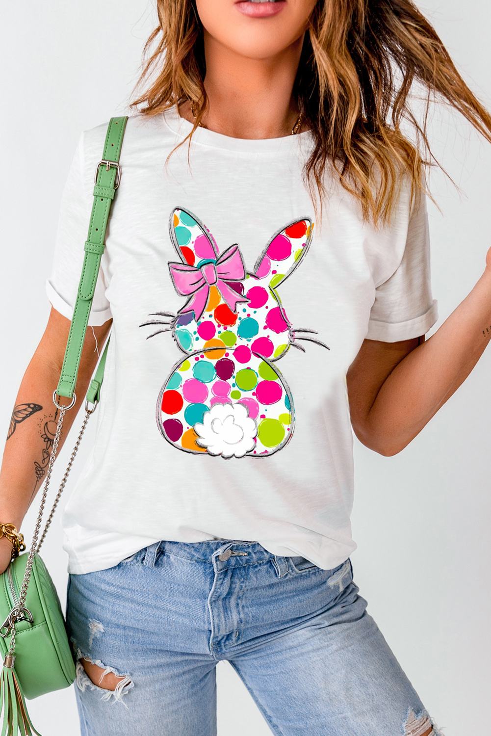 White Polka Dot Bow Rabbit Graphic Crewneck Easter Fashion Tee - loveforevers