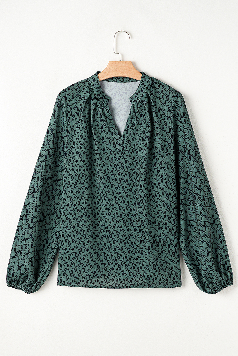Green Geometric Print Notched Neck Puff Sleeve Blouse - loveforevers