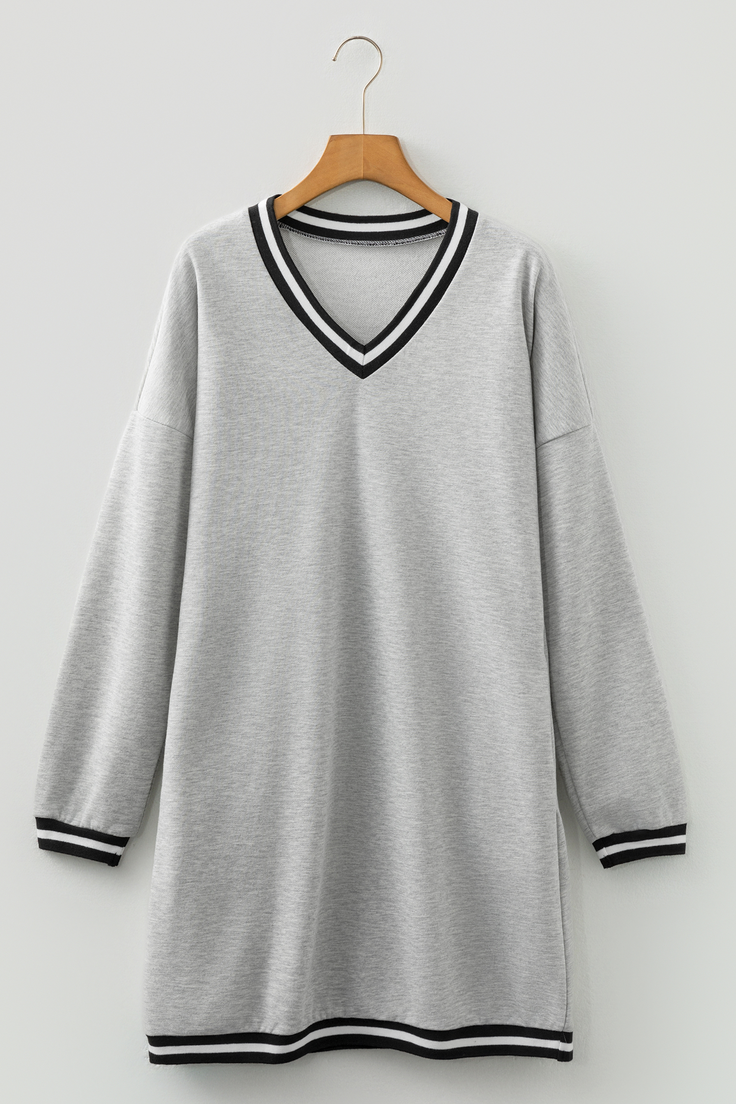 Light Grey Striped Trim V Neck Long Sleeve Preppy T Shirt Dress - loveforevers