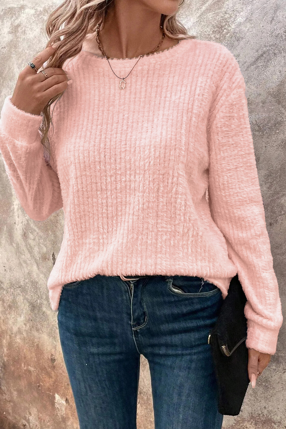Light Pink Fuzzy Ribbed Texture Round Neck Long Sleeve Top - loveforevers
