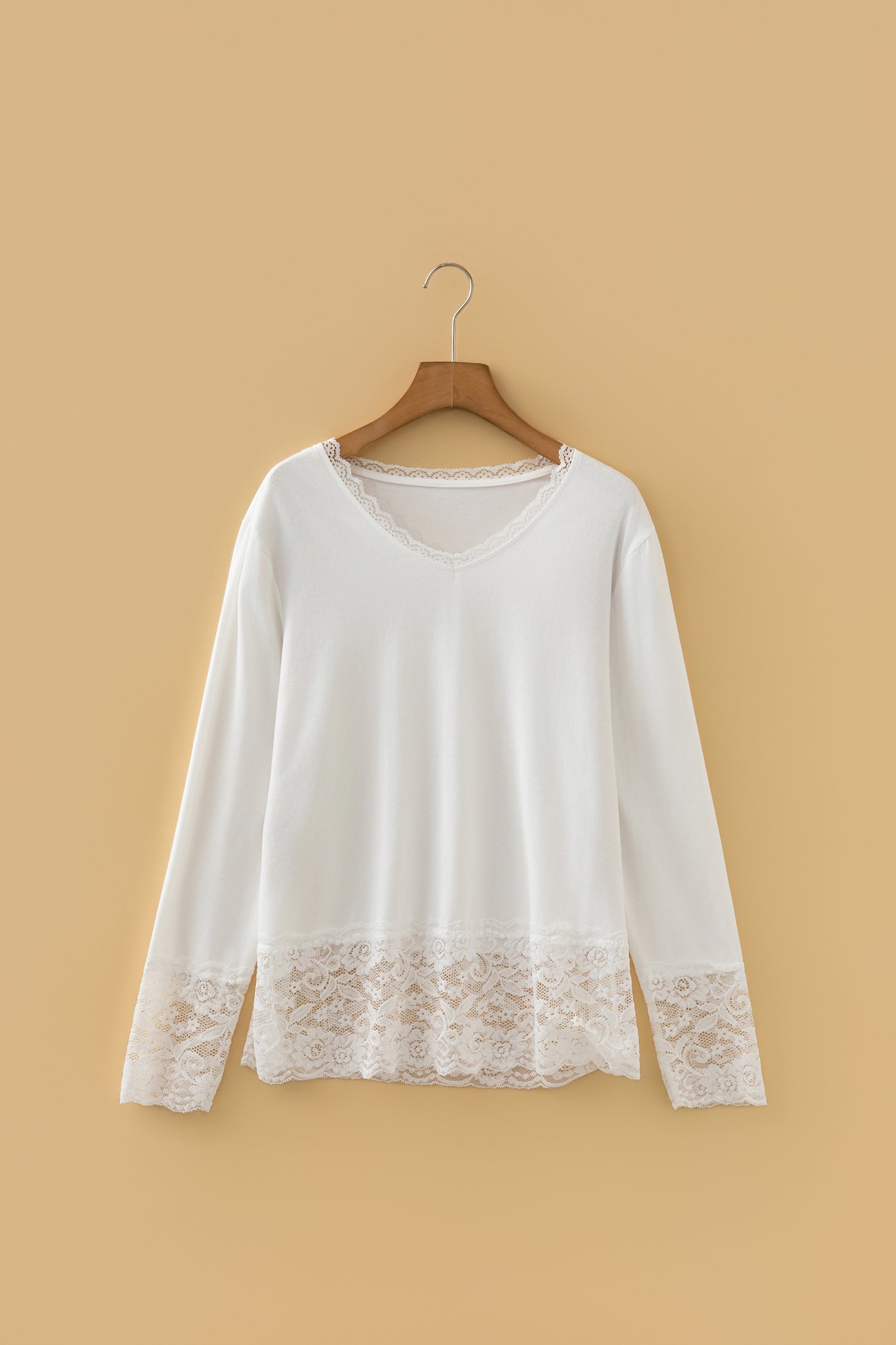 White Lace Trim V Neck Cuffed Long Sleeve Loose Top - loveforevers
