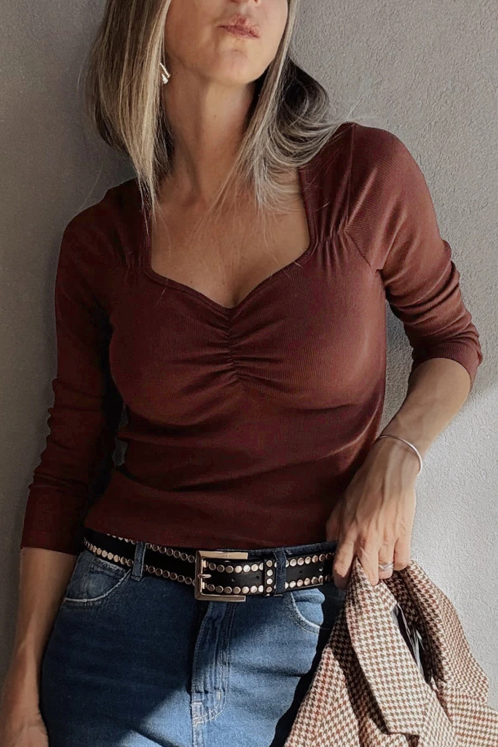 Burgundy Gathered Bust Square Neck Ribbed Fit Long Sleeve Top - loveforevers