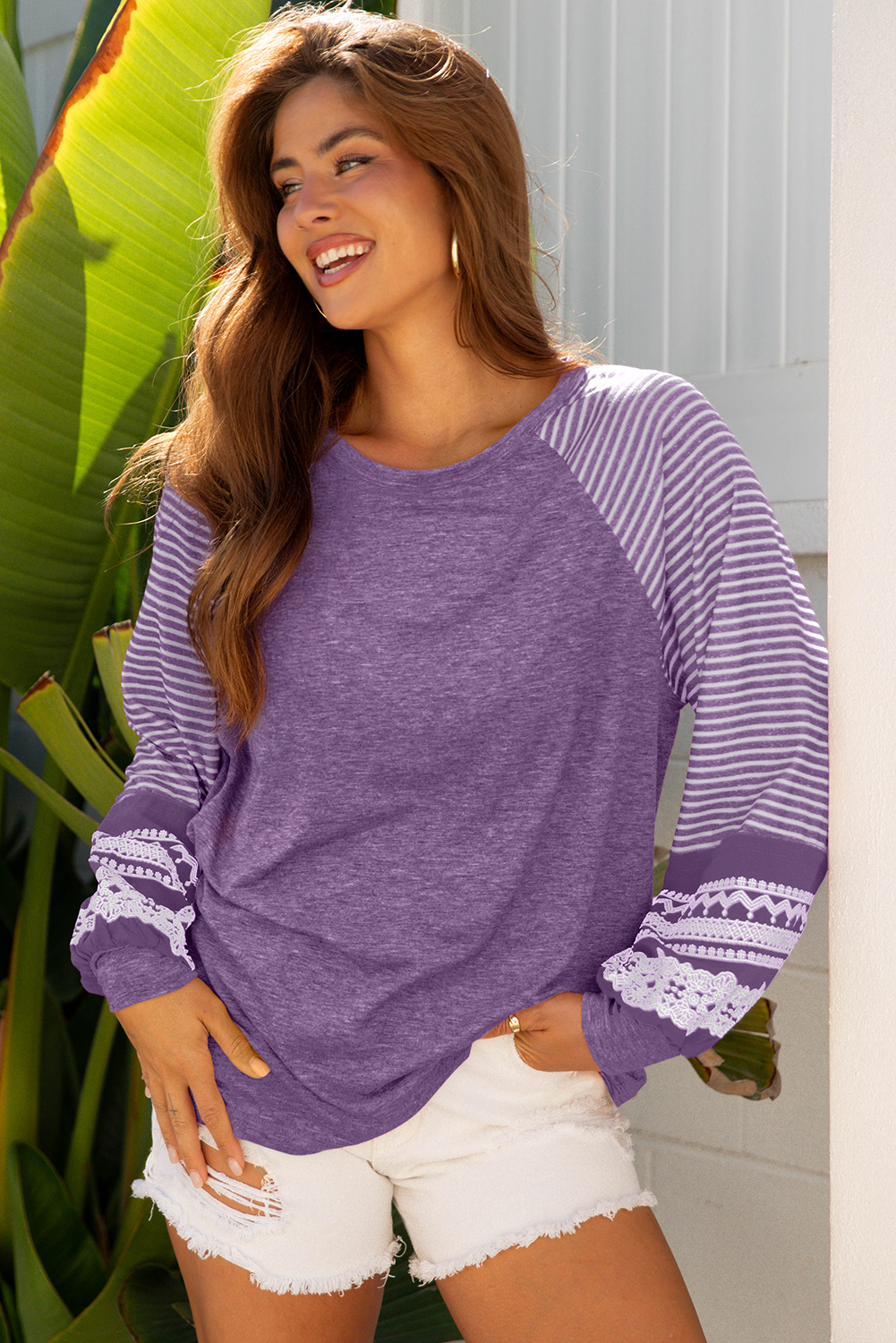 Tillandsia Purple Contrast Print Striped Raglan Long Sleeve Loose Top - loveforevers