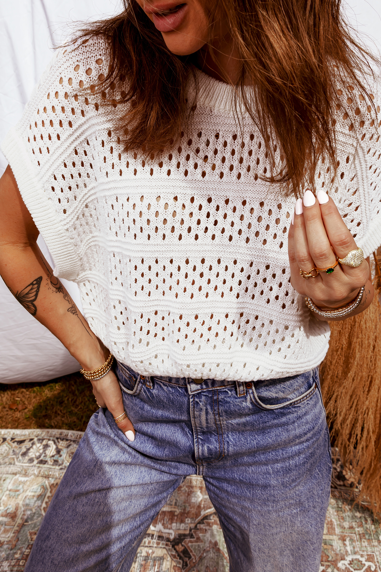 White Hollow Out Knit Round Neck Dolman Sweater - loveforevers