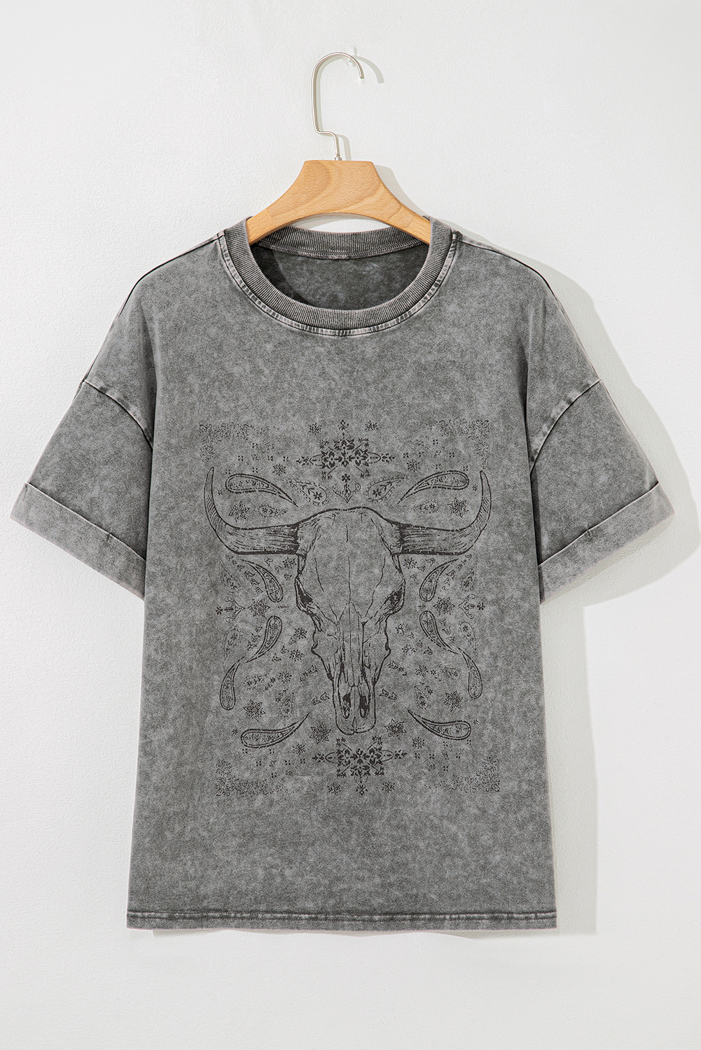 Light Grey Western Steer Head Tie Dye Print Crew Neck T Shirt - loveforevers