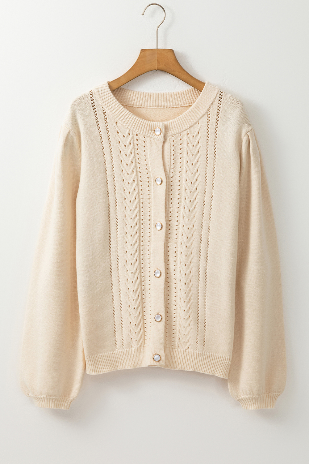 Apricot Pleated Sleeve Hollow Detail Button Sweater Cardigan - loveforevers