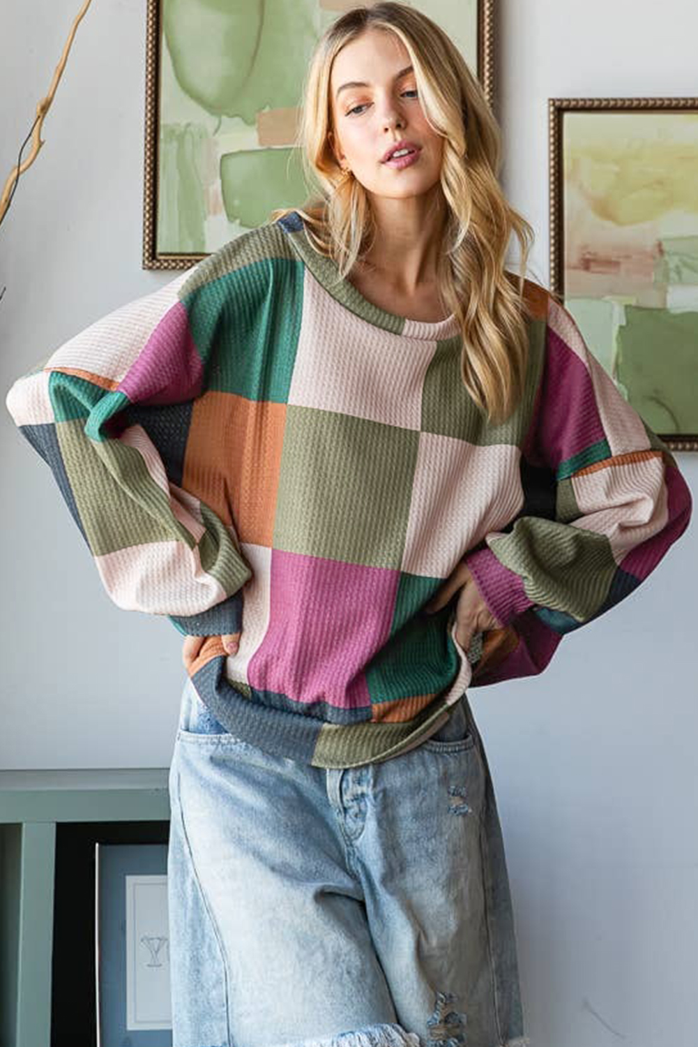 Green Checkered Print Textured Knit Long Sleeve Loose Top - loveforevers