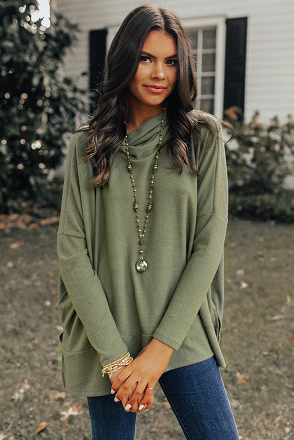 Jungle Green Cowl Neck Shift Tunic Top - loveforevers