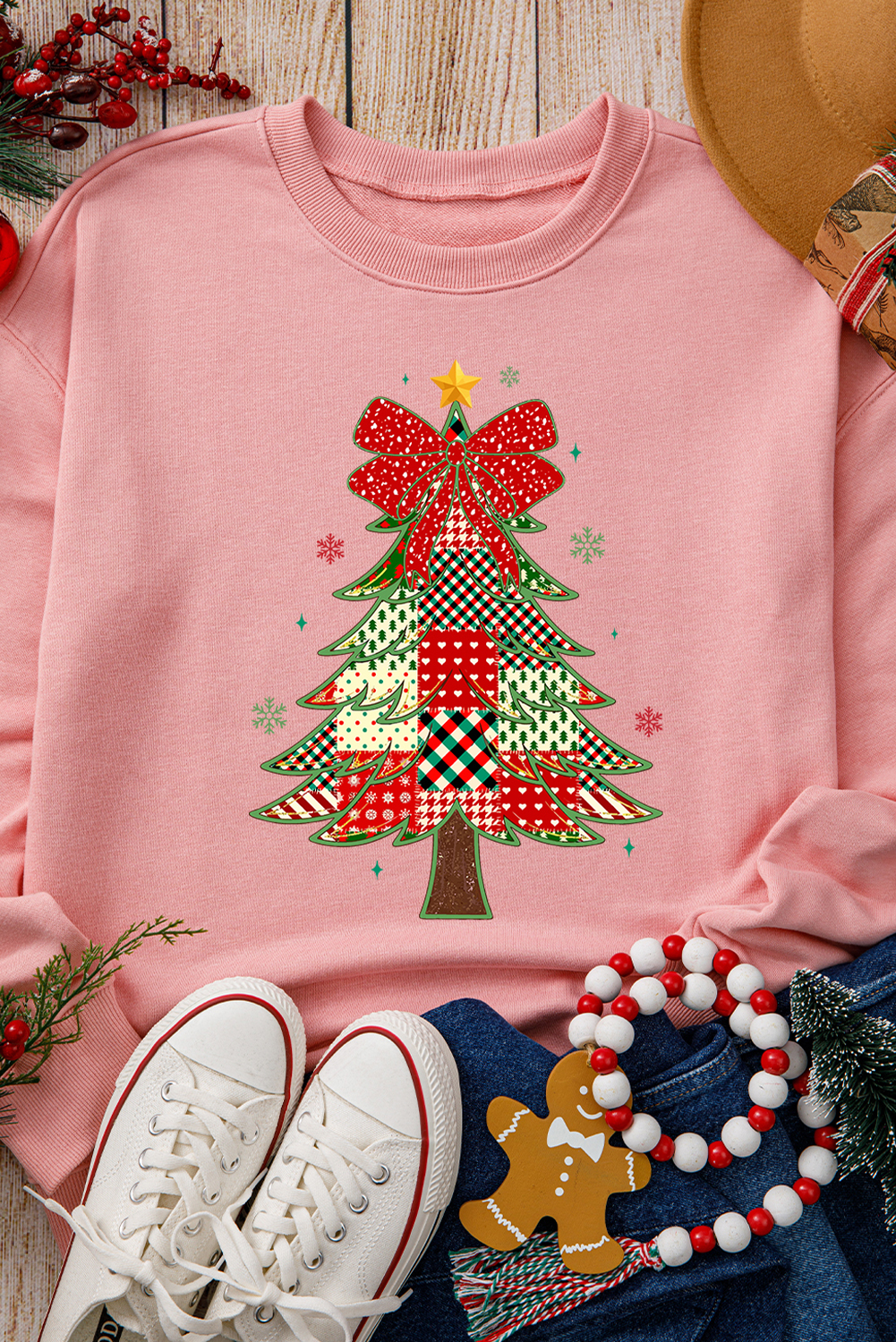 Pink Multi-pattern Checkered Christmas Tree Womens Drop Shoulder Sweatshirt - loveforevers