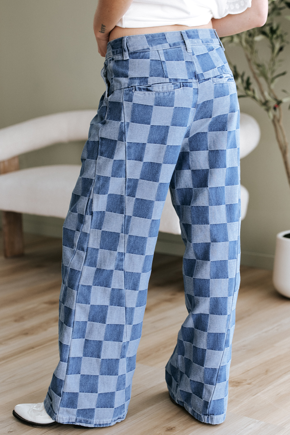 Dark Grey Checkered Denim Wide Leg Jeans - loveforevers
