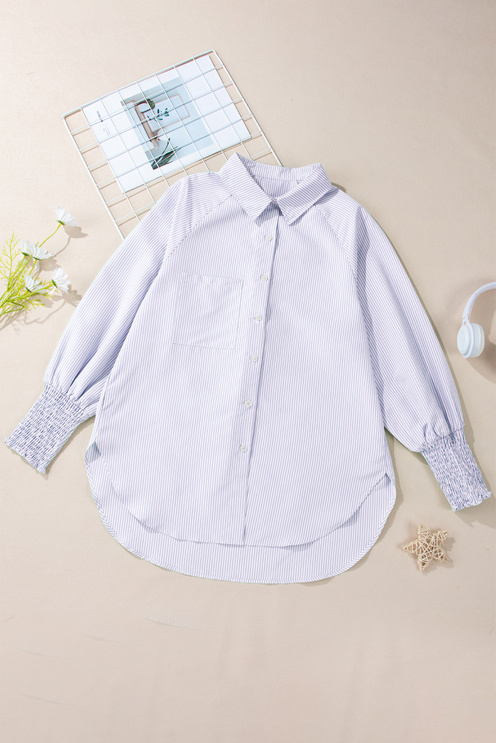 Grass Green Striped Shirred Cuff Buttoned Loose Fit Shirt - loveforevers