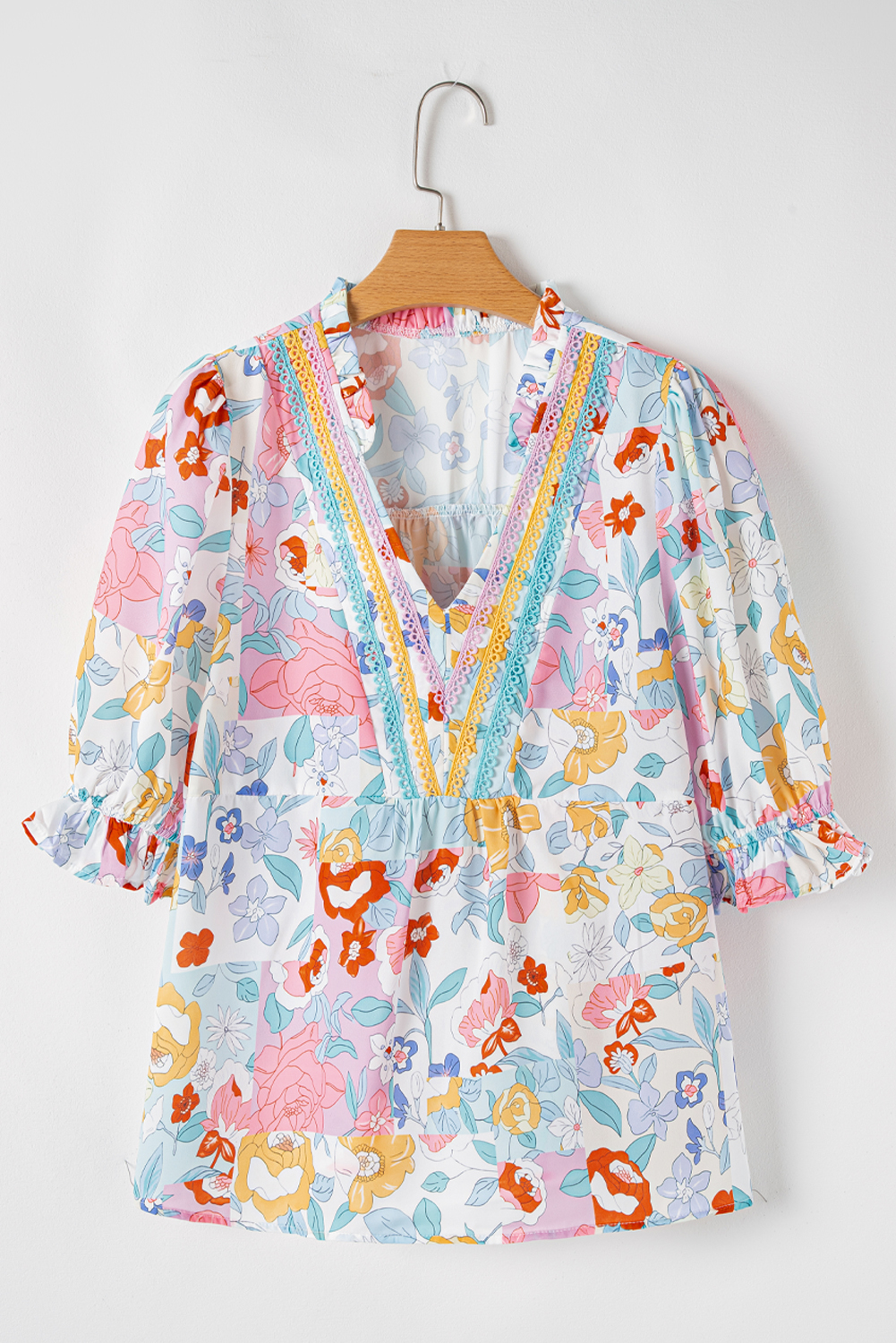Pink Boho Flower Print Half Puff Sleeve Blouse - loveforevers
