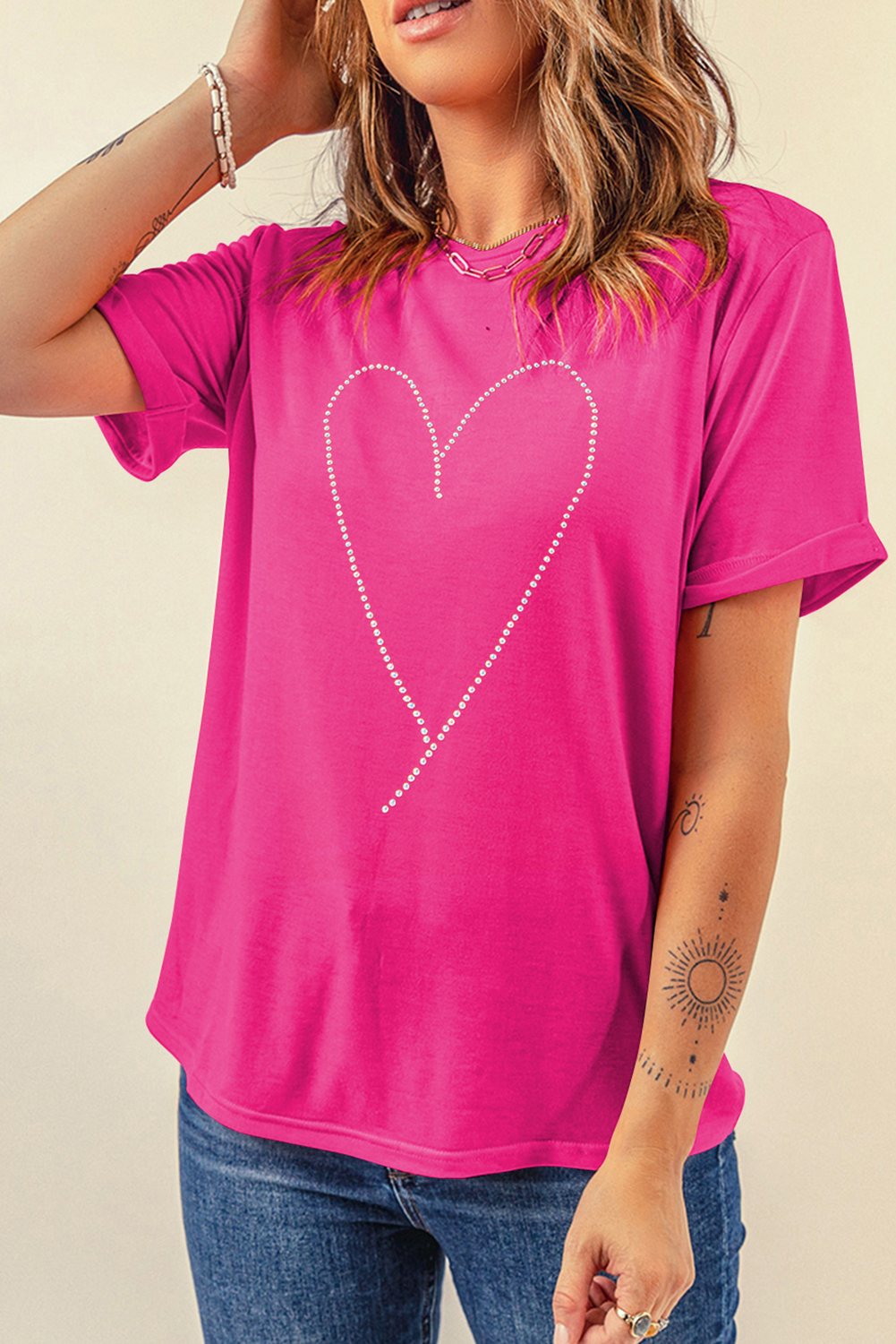 Rose Red Rhinestone Heart Graphic Crew Neck Valentines Tee - loveforevers
