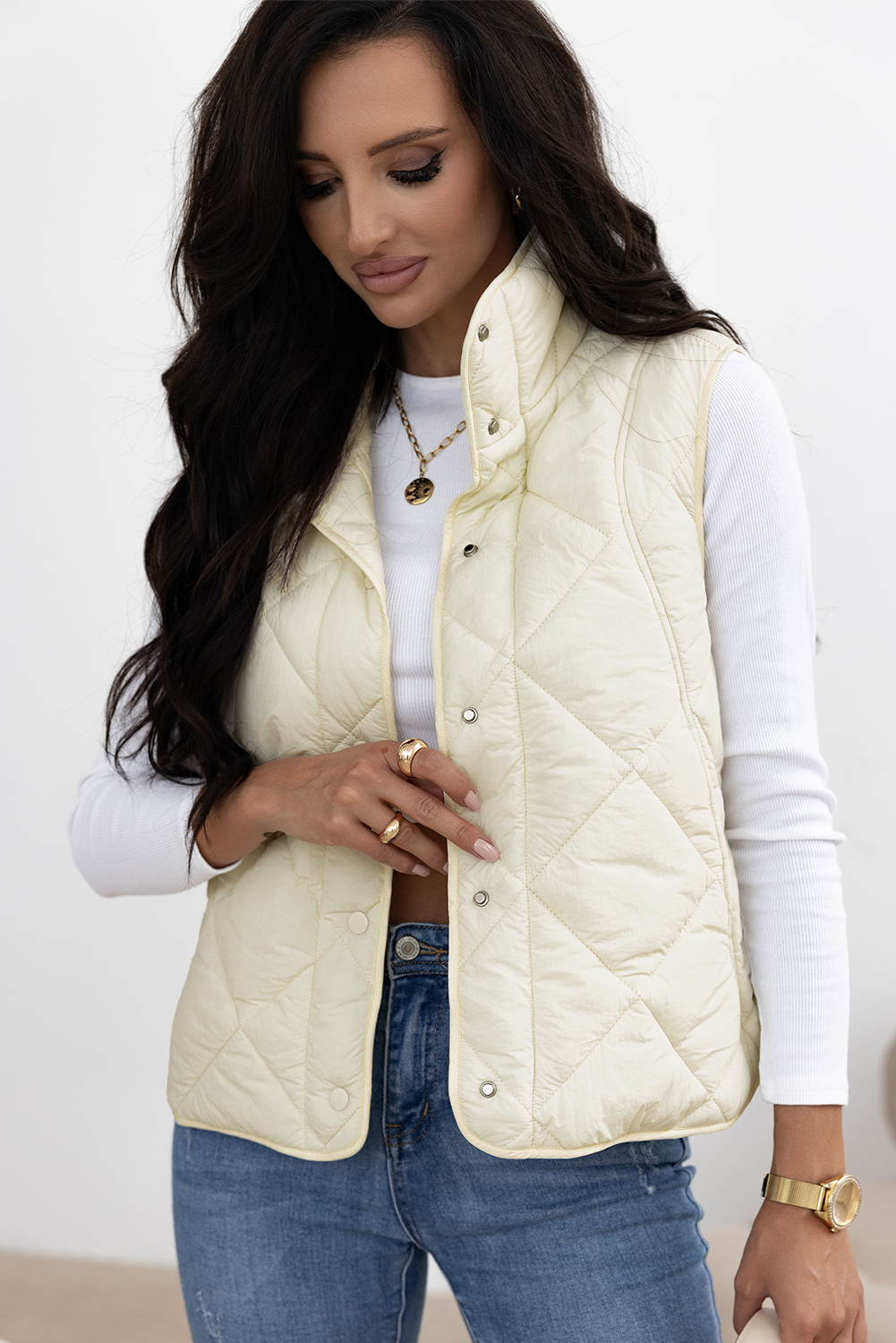 Beige Quilted High Neck Button Up Pocket Vest Coat - loveforevers