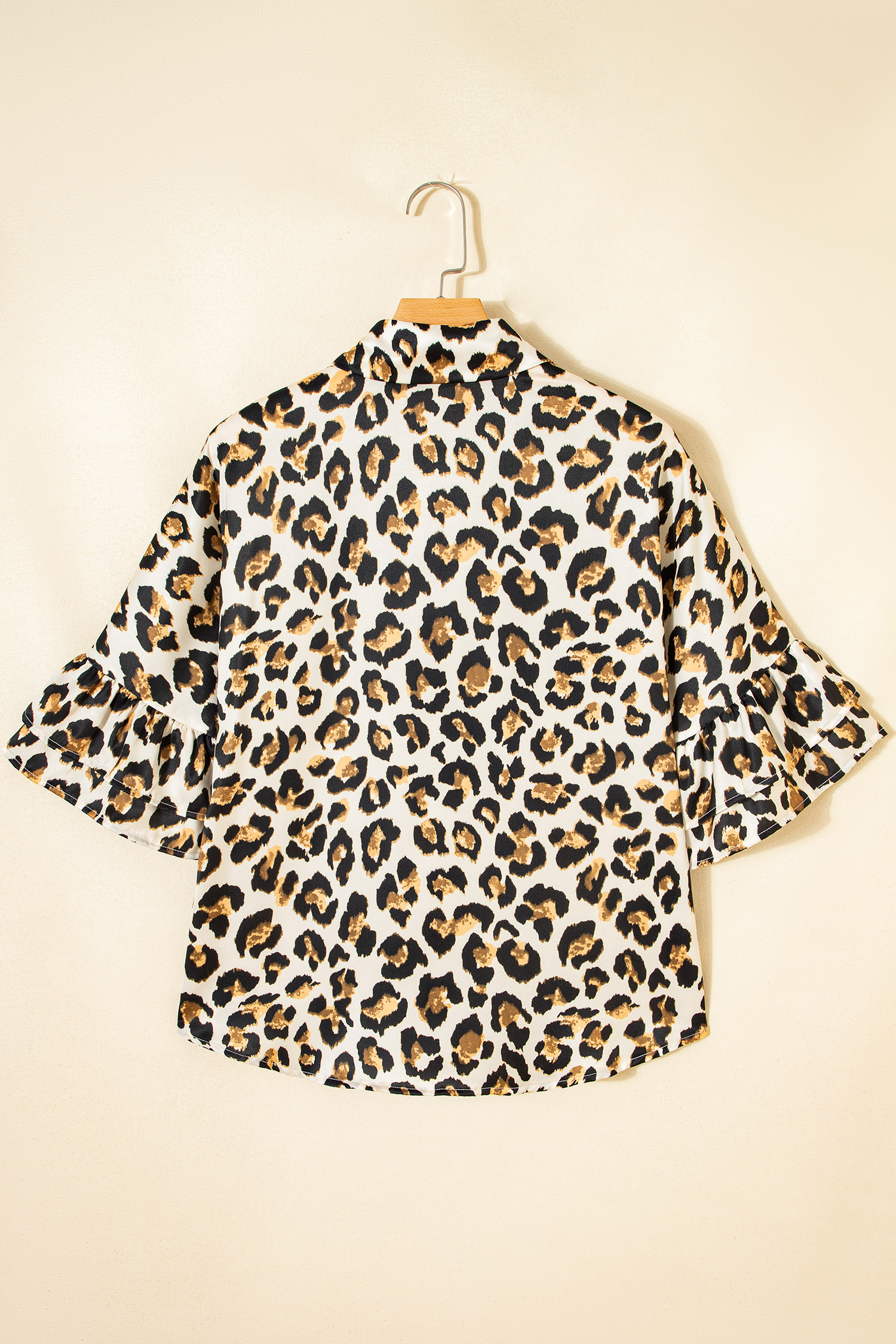 Khaki Leopard Print Ruffle Trim 3/4 Sleeve Loose Shirt - loveforevers