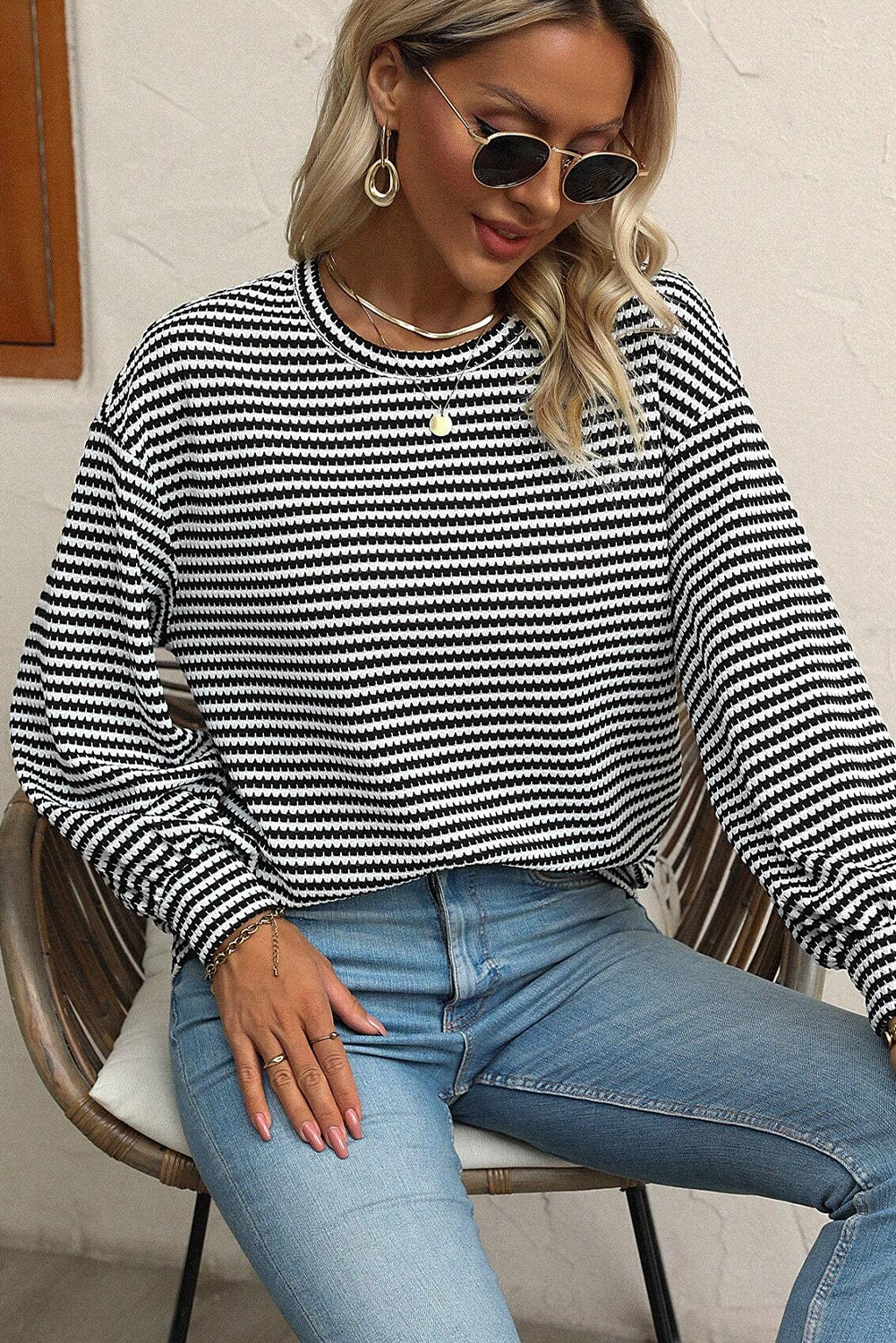 Black Stripe Round Neck Drop Shoulder Long Sleeve Top - loveforevers