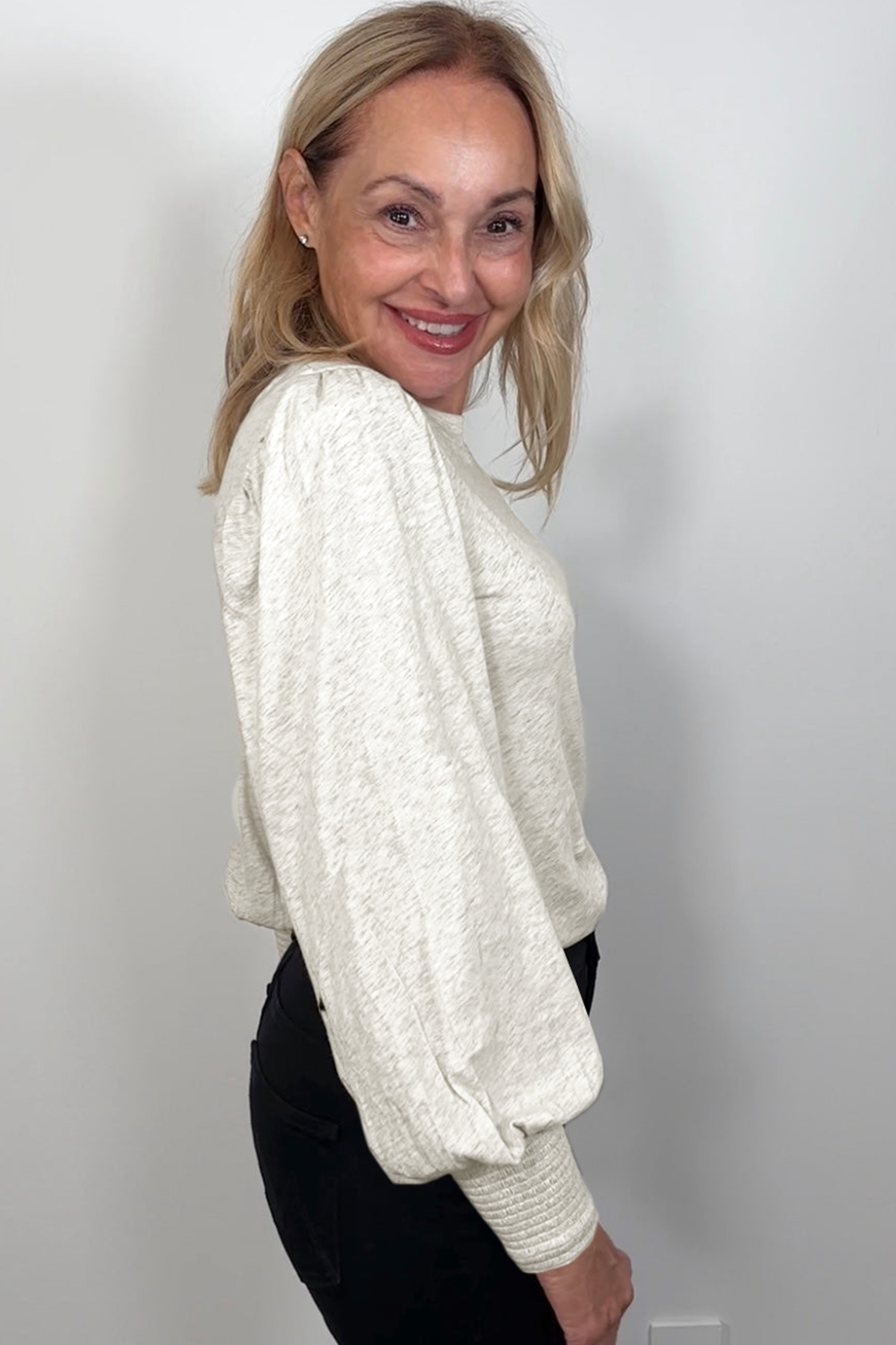 Oatmeal Shirred Cuffs Puff Sleeve Peasant Top - loveforevers