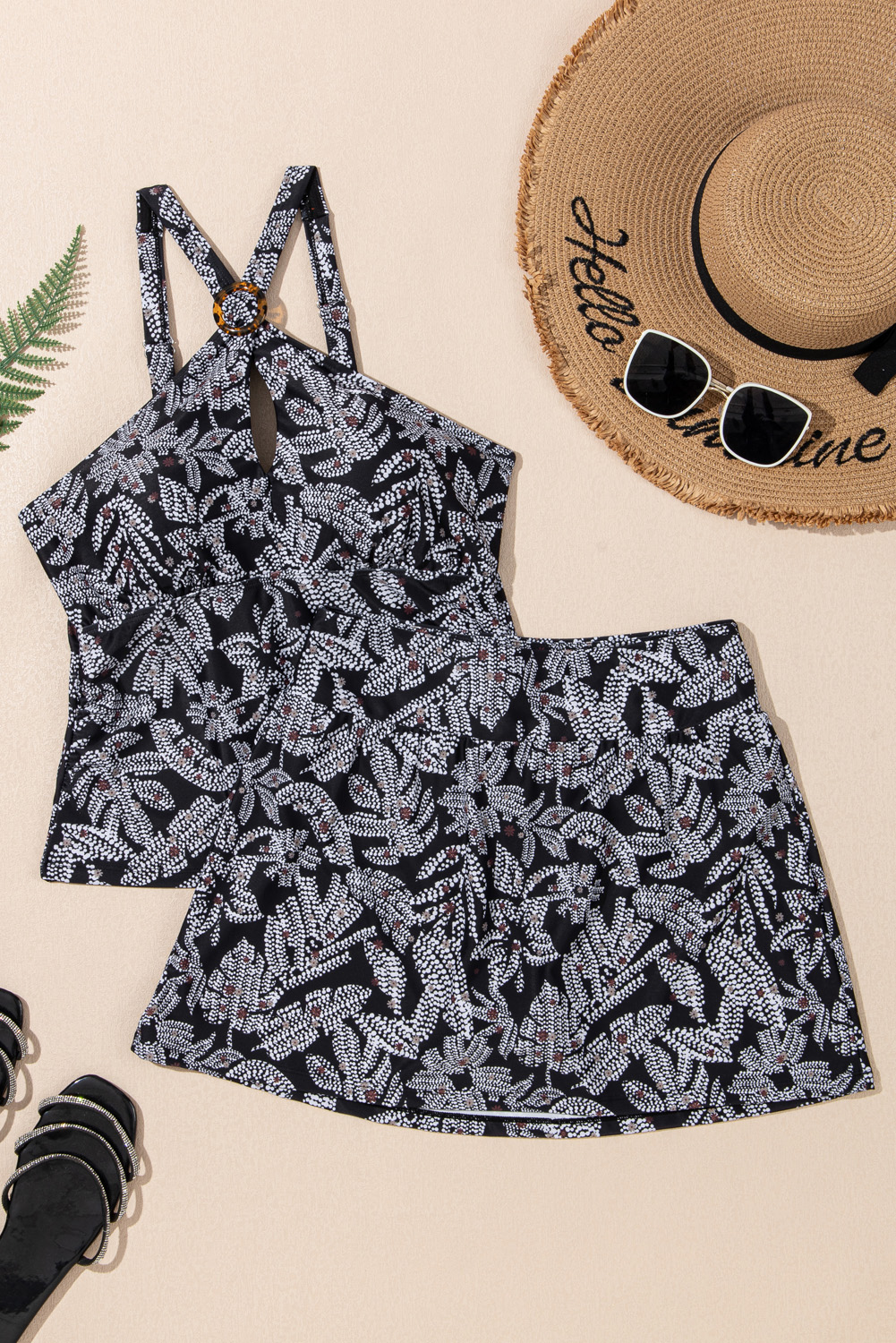 Black Abstract Printed Buckle Crossed Straps Skirted Tankini 2pcs Swimsuit - loveforevers