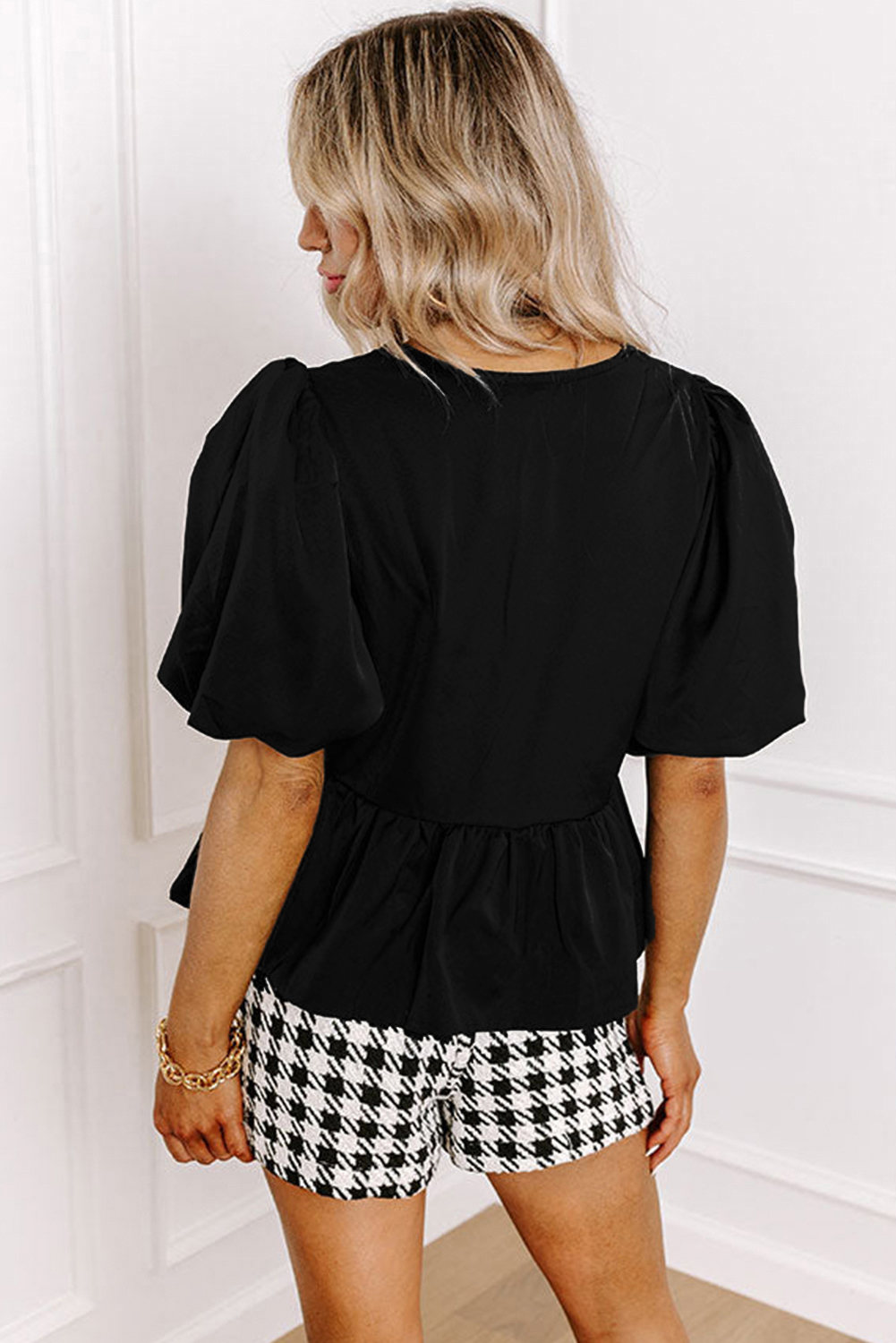 Black Puff Sleeve Bowknot Front Peplum Blouse - loveforevers