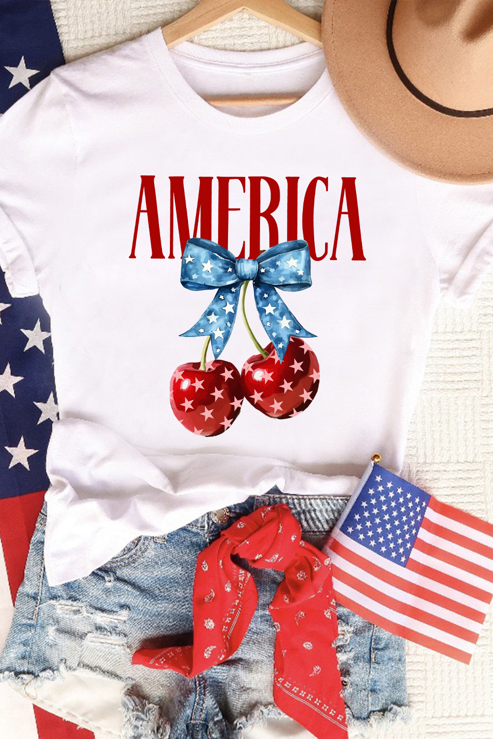 White AMERICA Bow Cherry Print Crewneck T Shirt - loveforevers