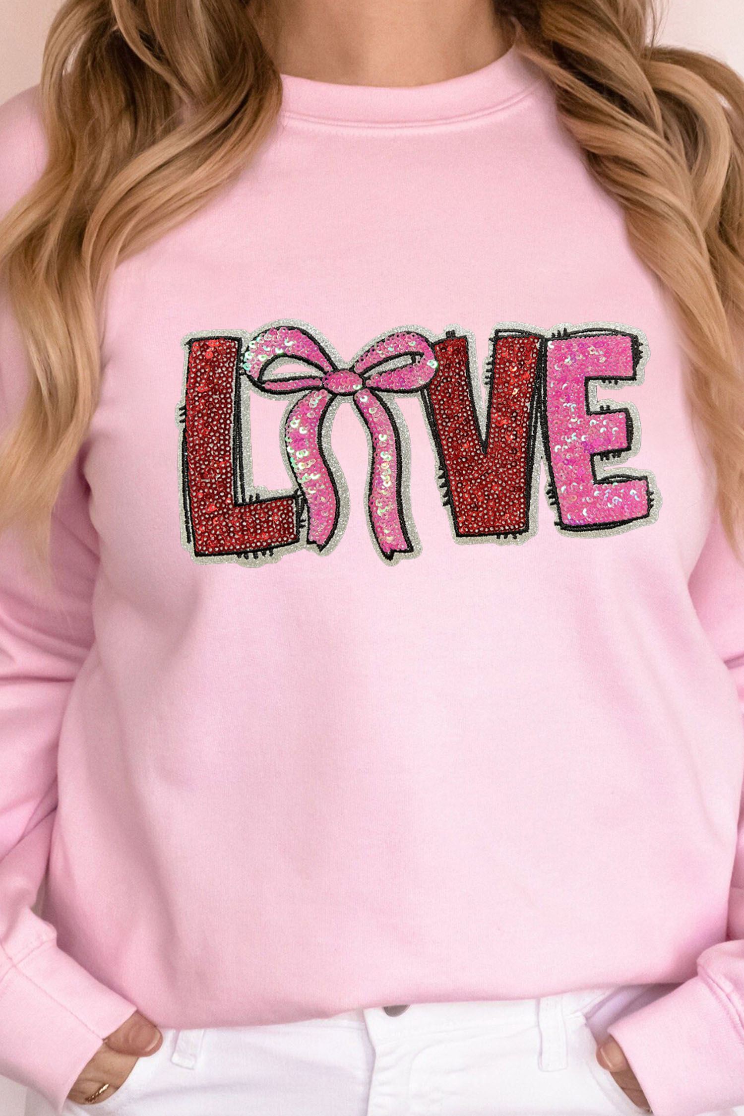 Pink Bow Love Sequin Pattern Valentine Sweatshirt - loveforevers