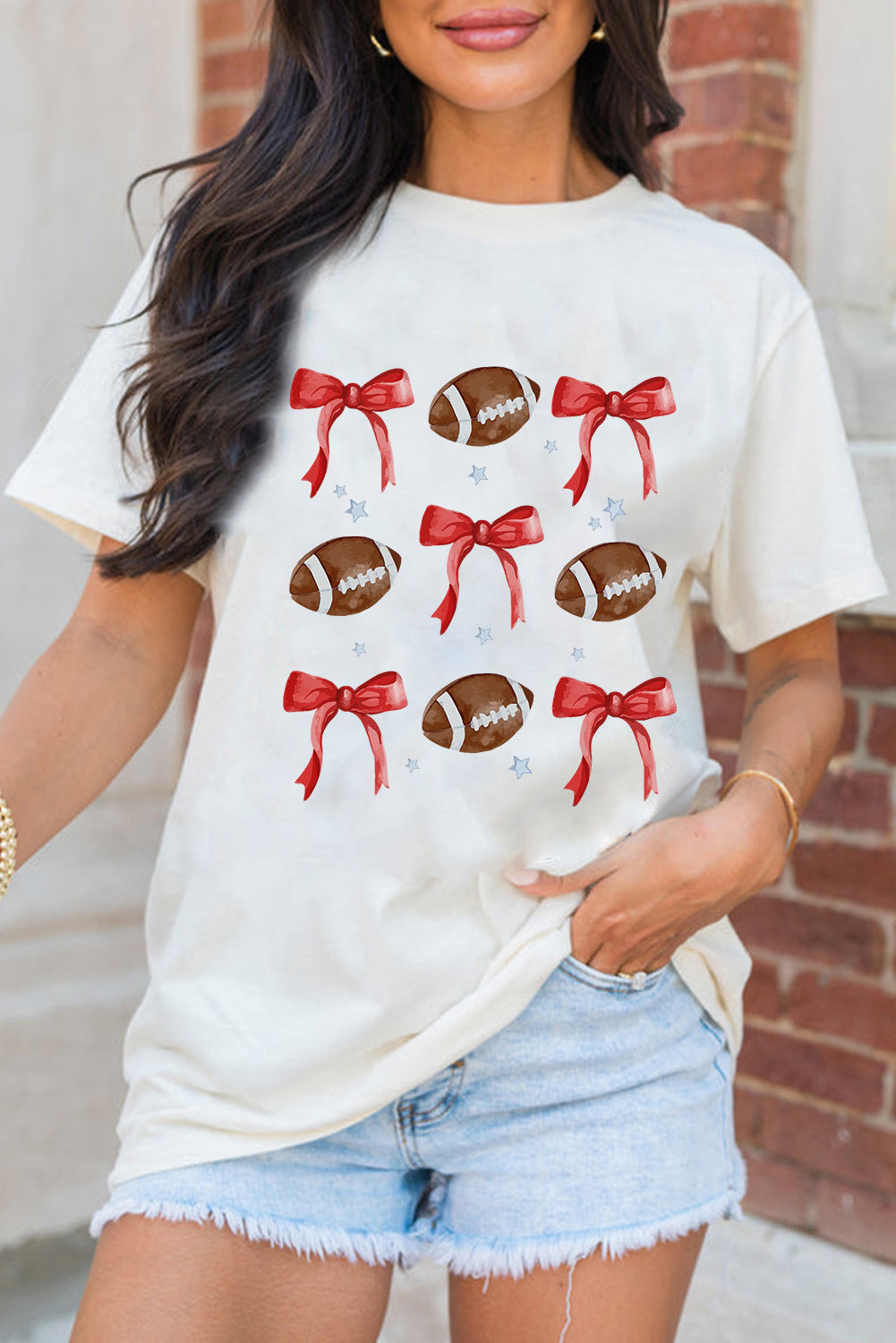 White Bowknot Rugby Graphic Crew Neck Tee - loveforevers