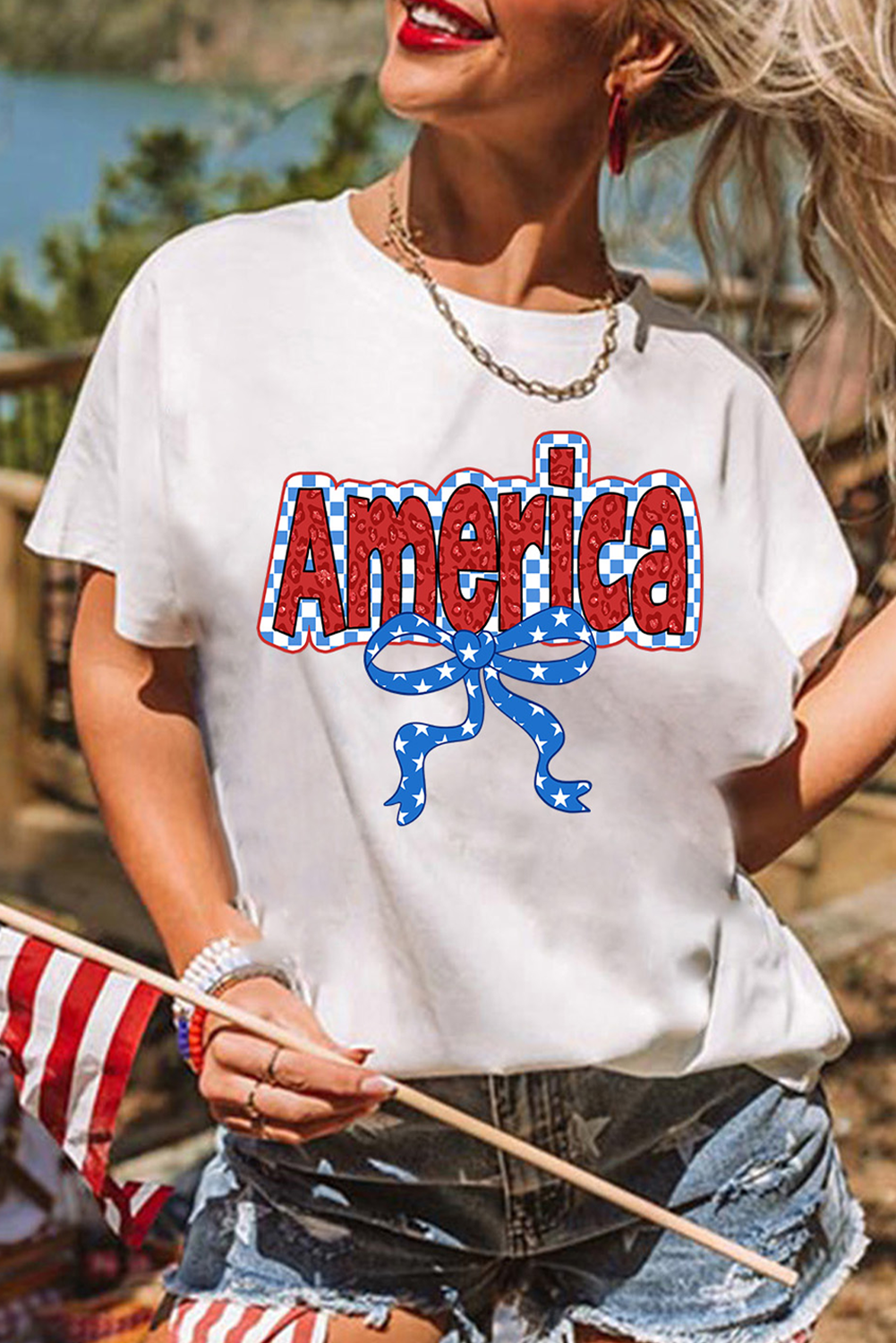 White Funky America Letter Bow Printed T Shirt - loveforevers
