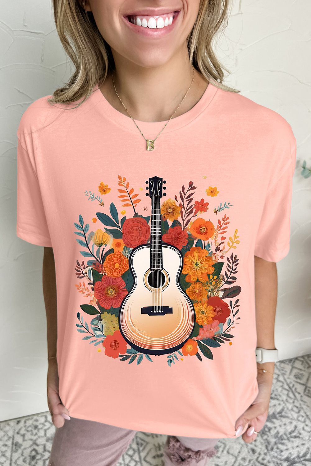 Pink Guitar Flower Print Crew Neck Loose T Shirt - loveforevers