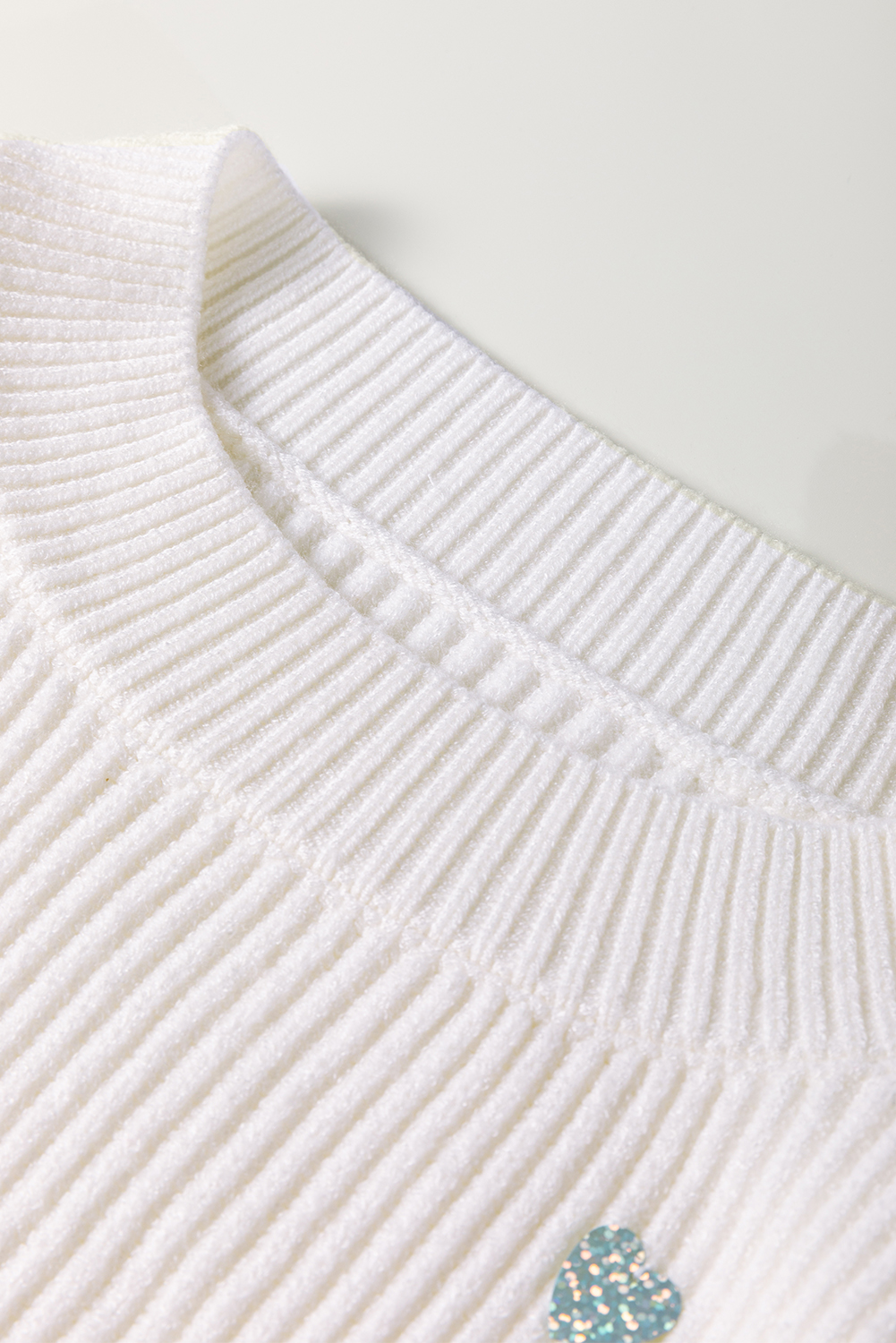 Beige Sequin Heart Shape Waffle Knit Round Neck Sweater - loveforevers