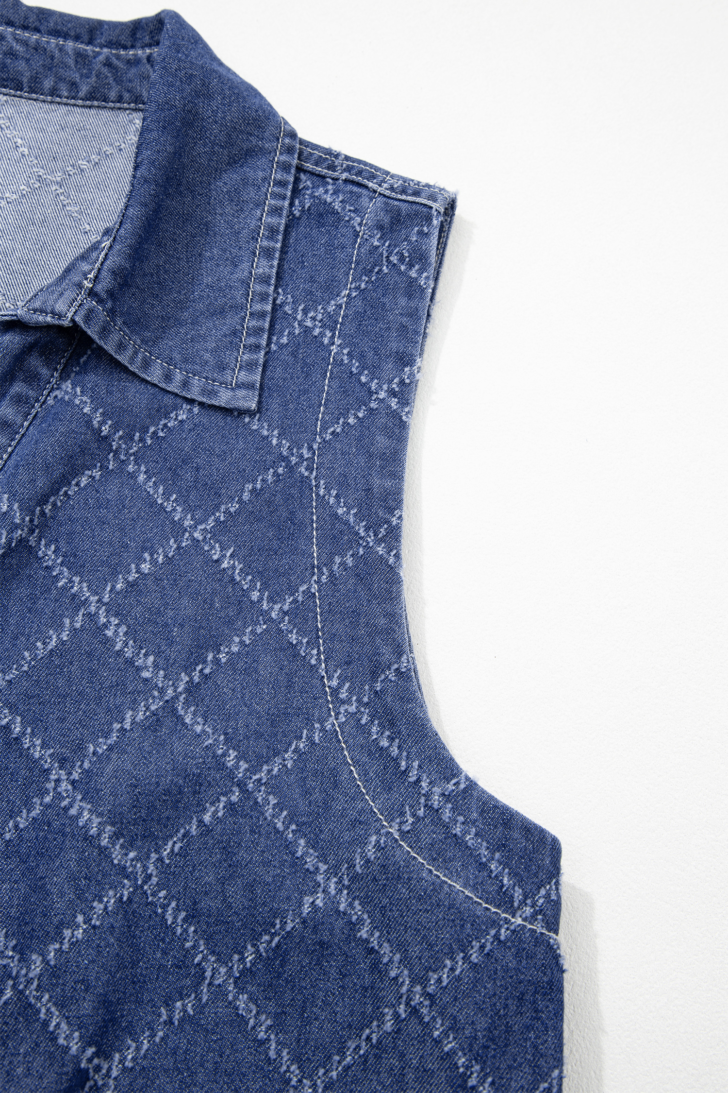 Sail Blue Rhombus Textured Collar Buttoned V Neck Denim Sleeveless Mini Dress - loveforevers