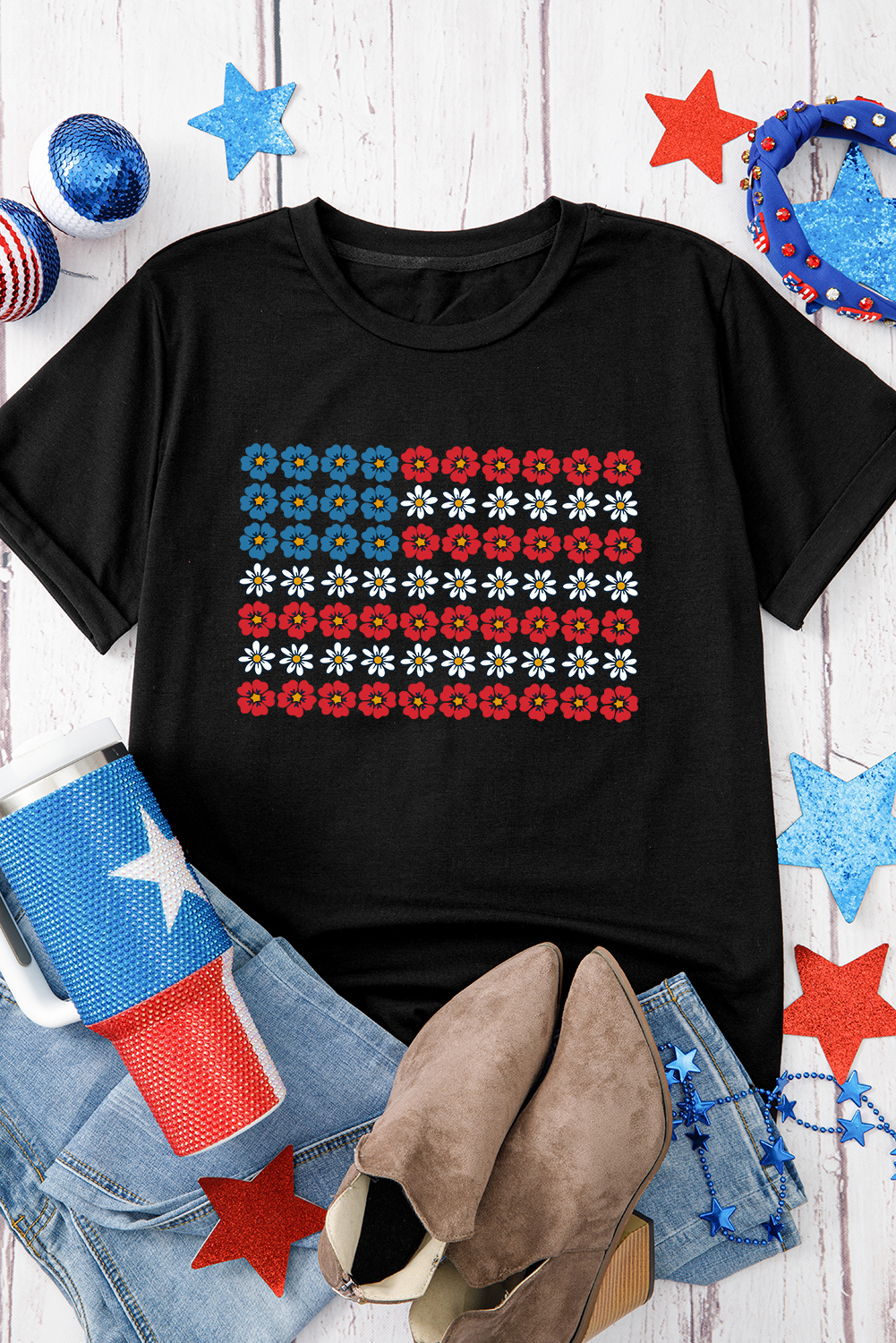 Black Cute Flowers Make Up American Flag Trendy Graphic T Shirt - loveforevers