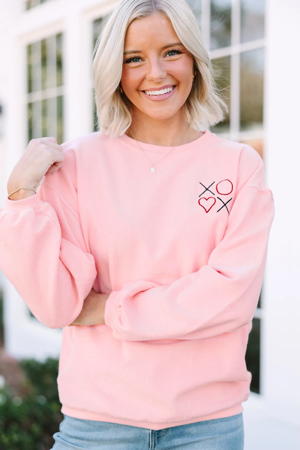 White 3d Ribbed XOXO Heart Embroidered Drop Shoulder Sweatshirt - loveforevers