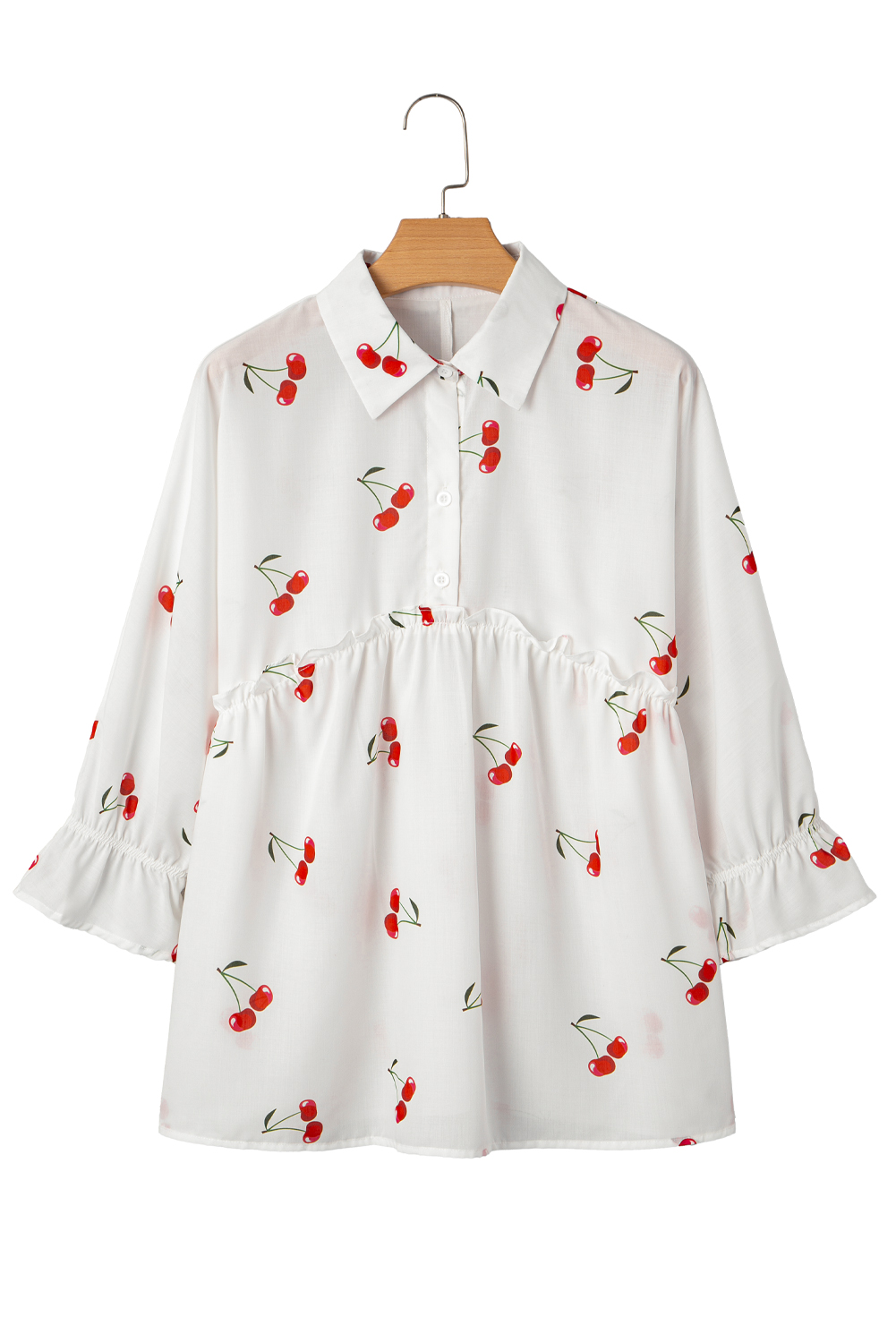 White Cherry Print Flounce Sleeve Collared Frilled Babydoll Blouse - loveforevers