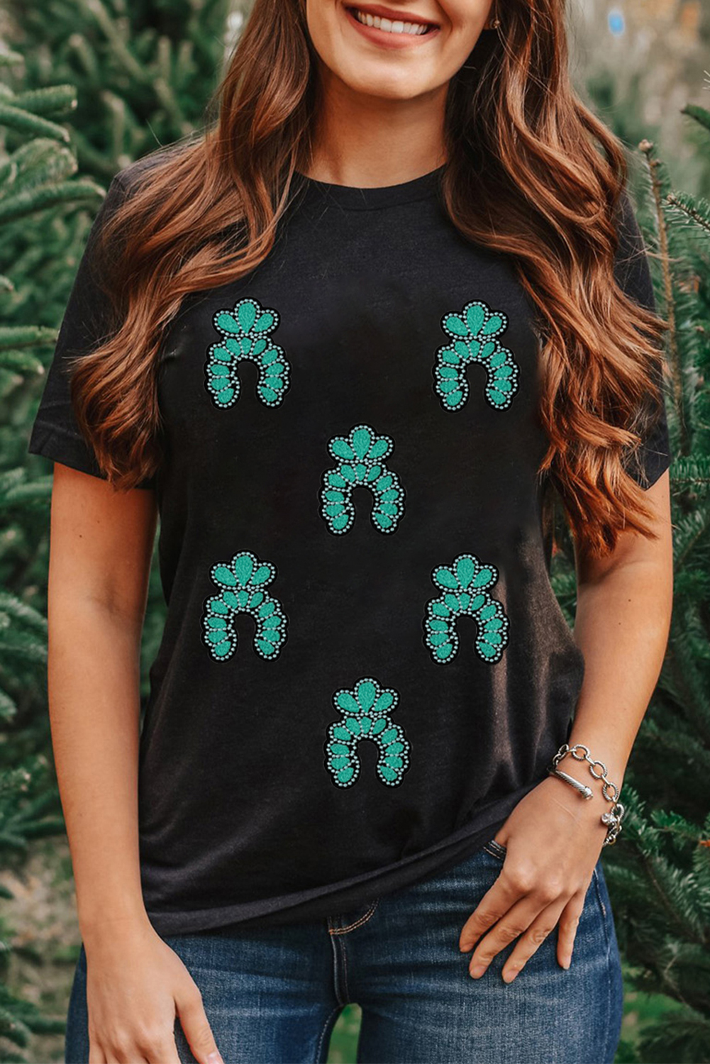 Black Western Turquoise Pattern Sequin Patched T Shirt - loveforevers