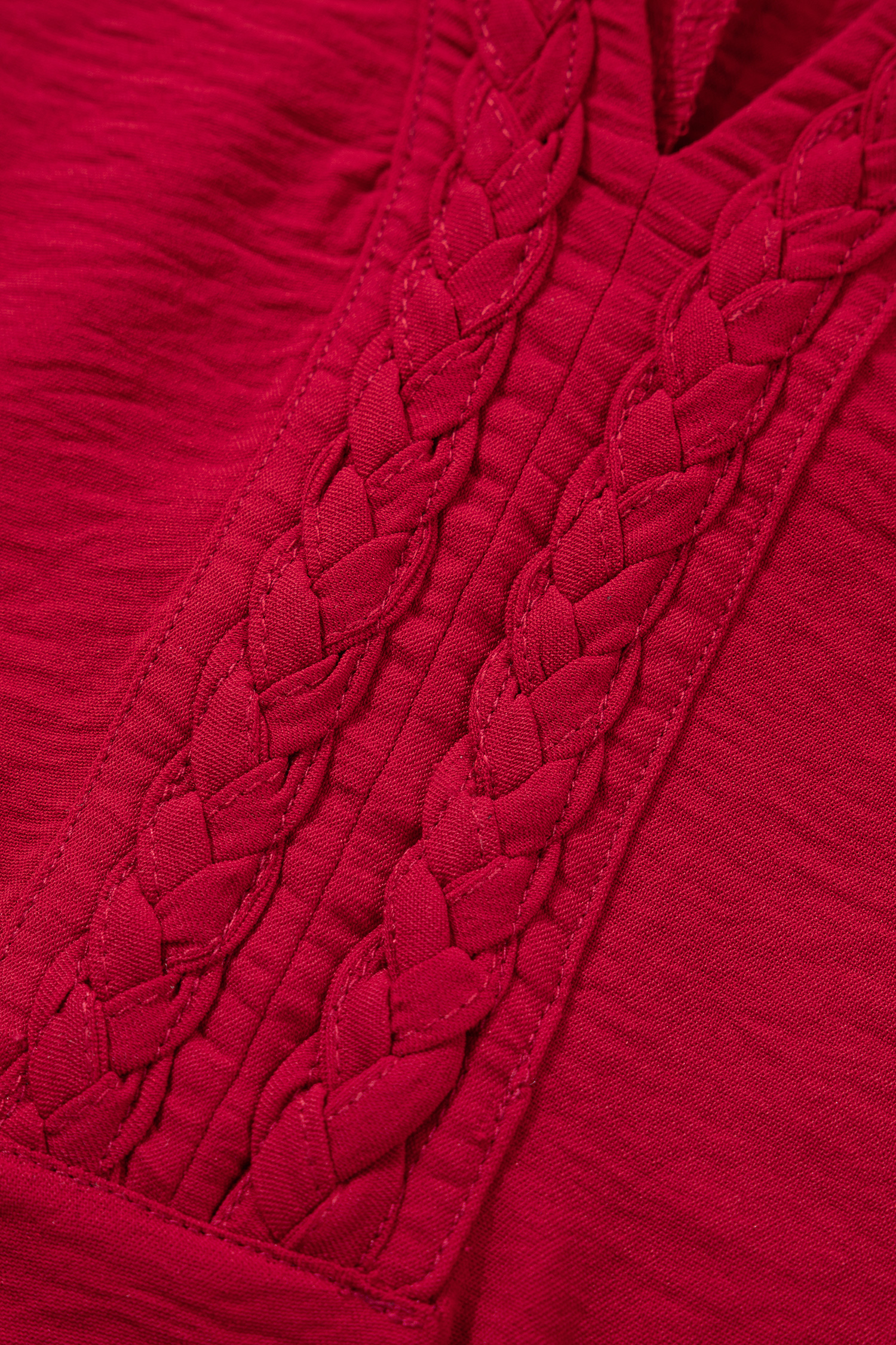 Racing Red Braided Trim V Neck Half Sleeve Blouse - loveforevers