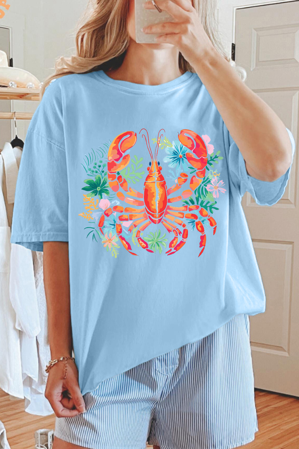 Light Blue Floral Summer Lobster Graphic Tee - loveforevers
