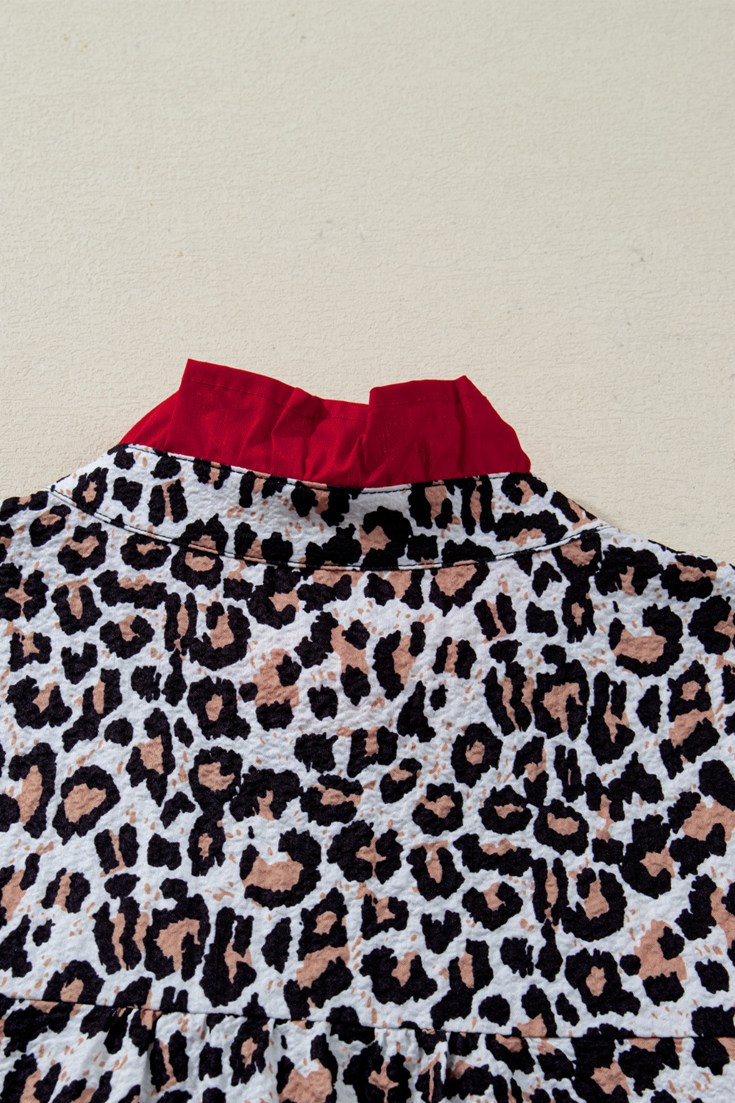Khaki Contrast Frilled V Neck Trimmed Leopard Shirt - loveforevers