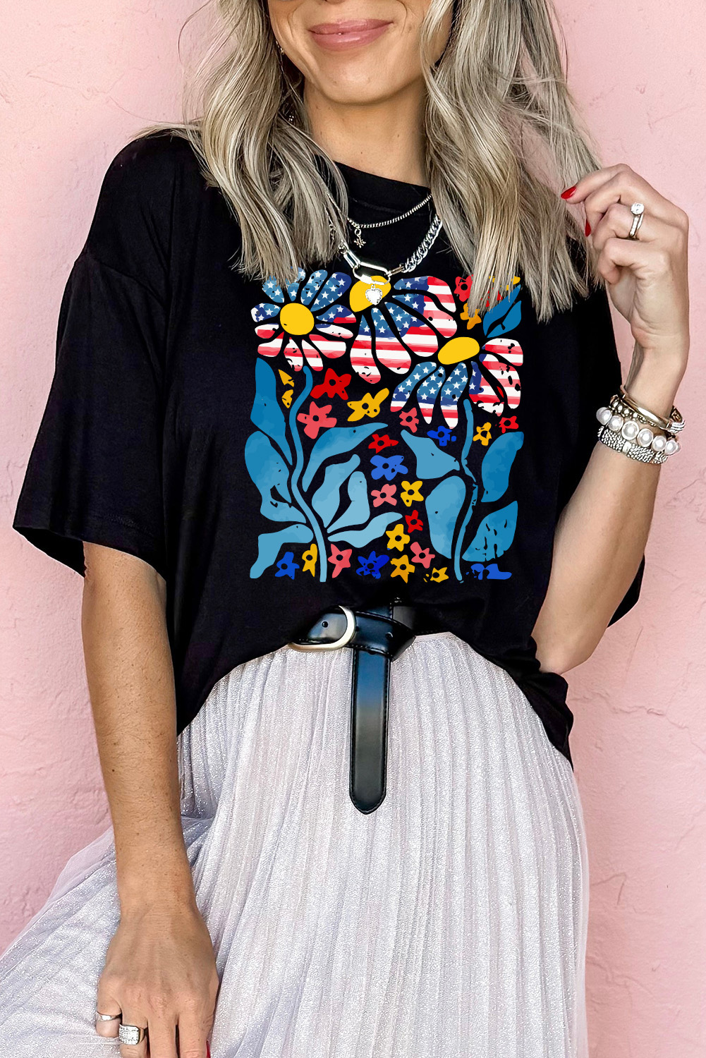 Black USA Flag Flower Graphic Drop Shoulder T Shirt - loveforevers