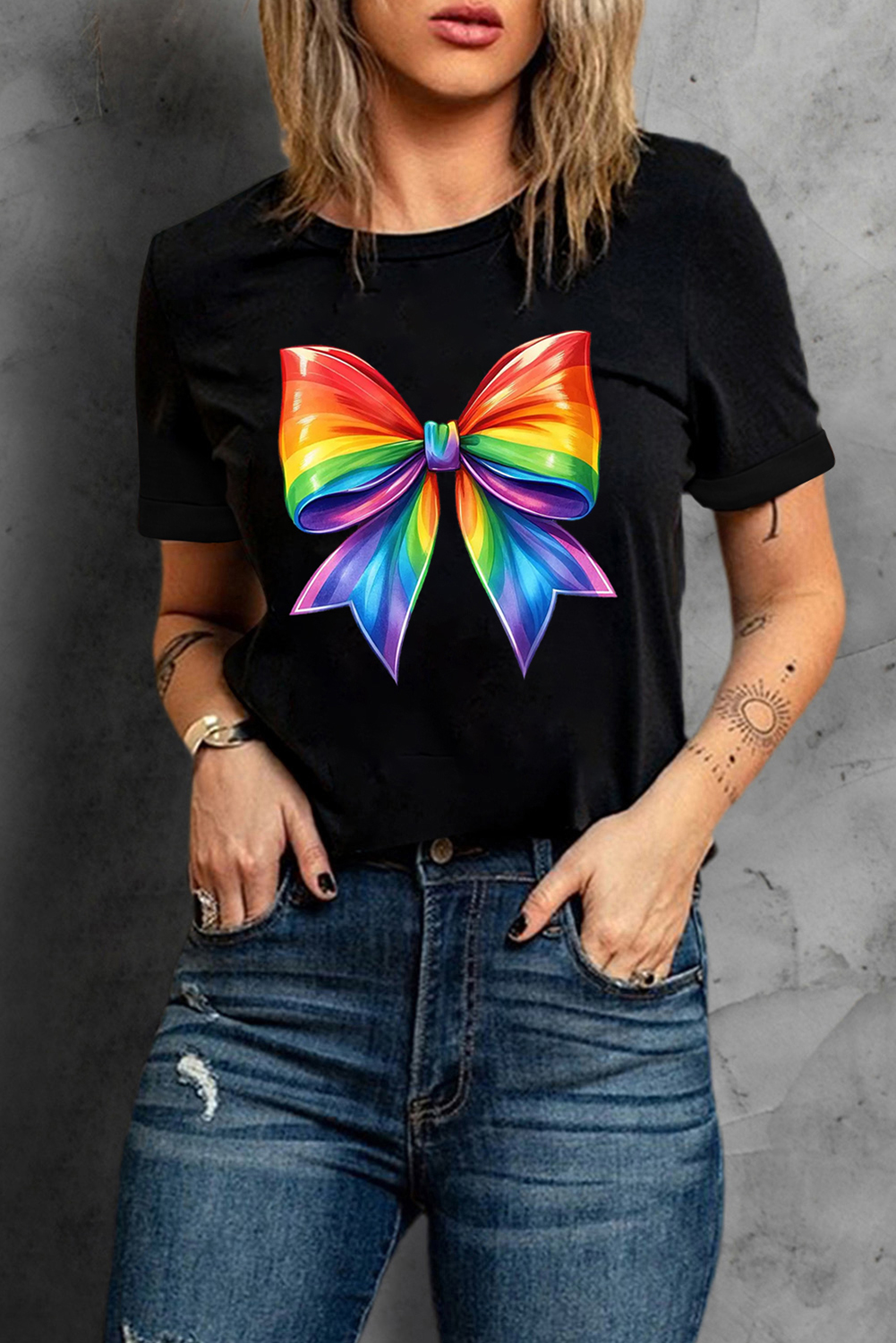 Black Pride Bow Graphic Round Neck T Shirt - loveforevers