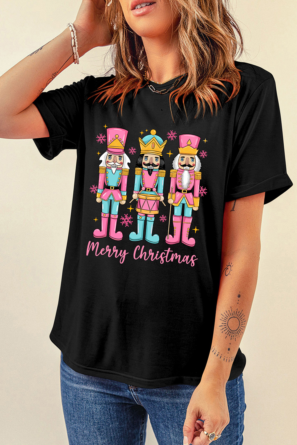 Black Merry Christmas Nutcracker Doll Printed T Shirt - loveforevers